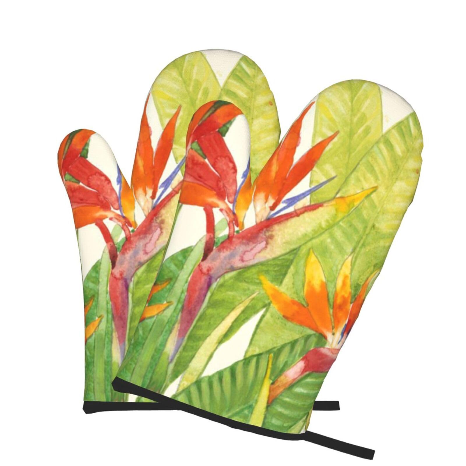 Oven Mitts Set of 2 Pcs, Tropical Bird Prints Heat Resistant Kitchen Gloves for Cooking Baking Grilling
