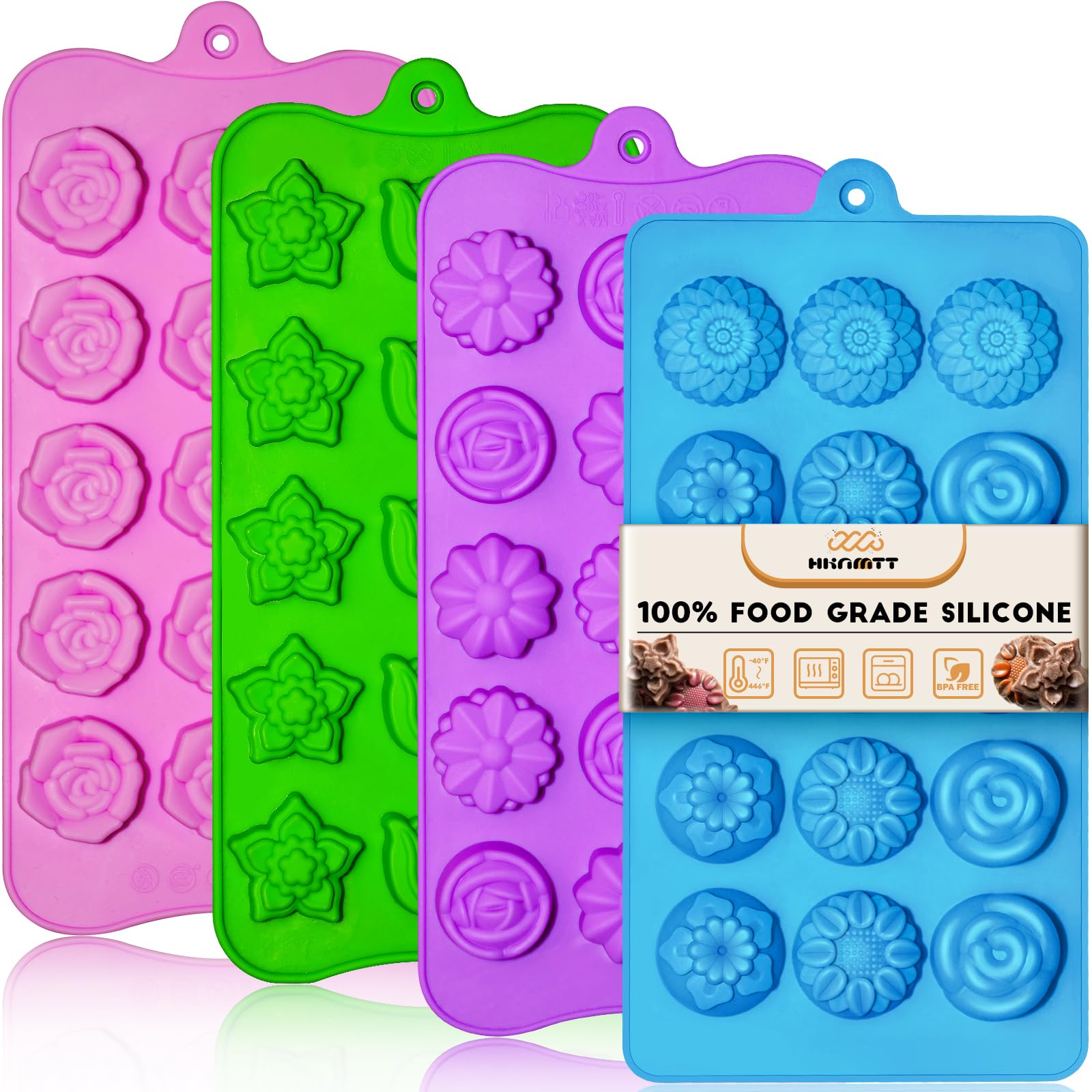 HKNMTT Chocolate Flower Molds Silicone 4 Pack, 11 Shapes 60 Cavities Chocolate Candy Fondant Mold Bite Size Rose Floral Mould for DIY Baker lover Soap Ice Butter