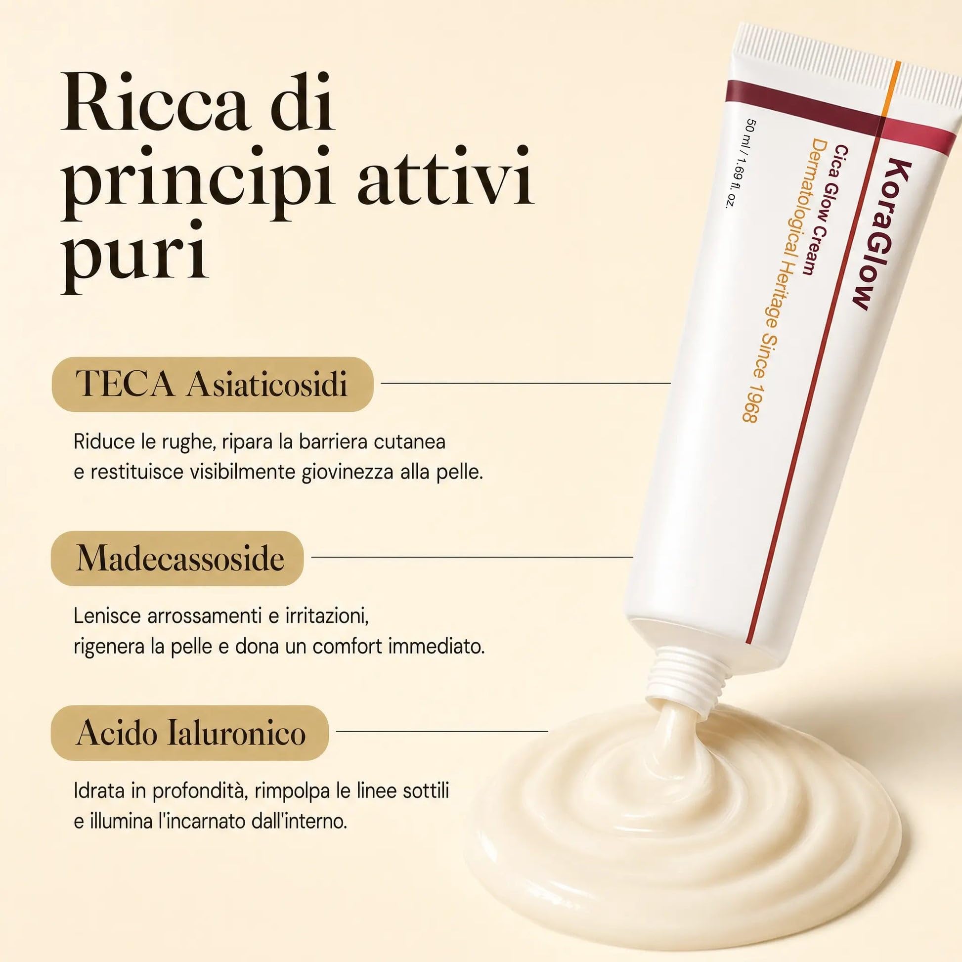 Koraglow Crema Viso Coreana con TECA Centella Asiatica e Acido Ialuronico, Idratazione Prolungata, 50 ml