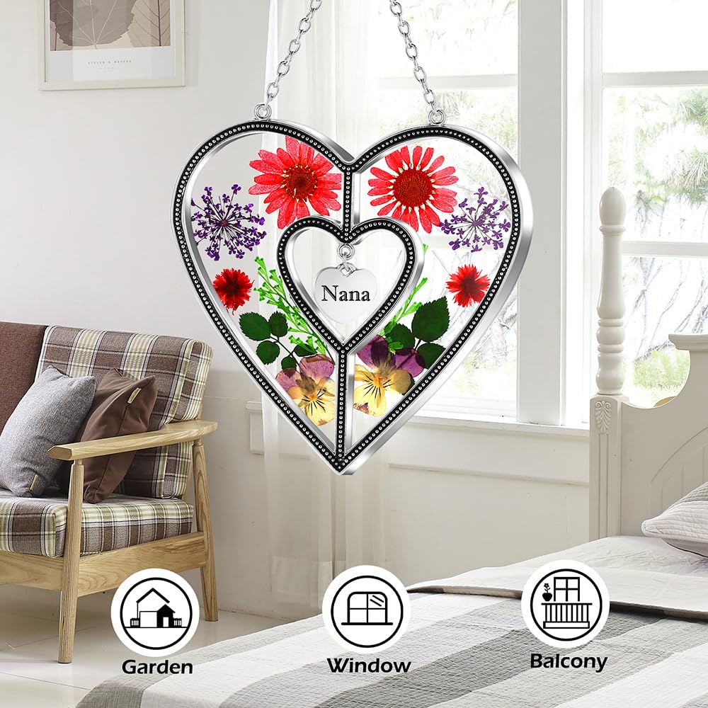 KY&BOSAM Serce łapacz słońca babcia witrażowe panele wiszące na okna ornament łapacze słońca z wciśniętym prawdziwym kwiatem serce osadzone w szkle prezenty urodzinowe na Dzień Matki do domu ogrodu