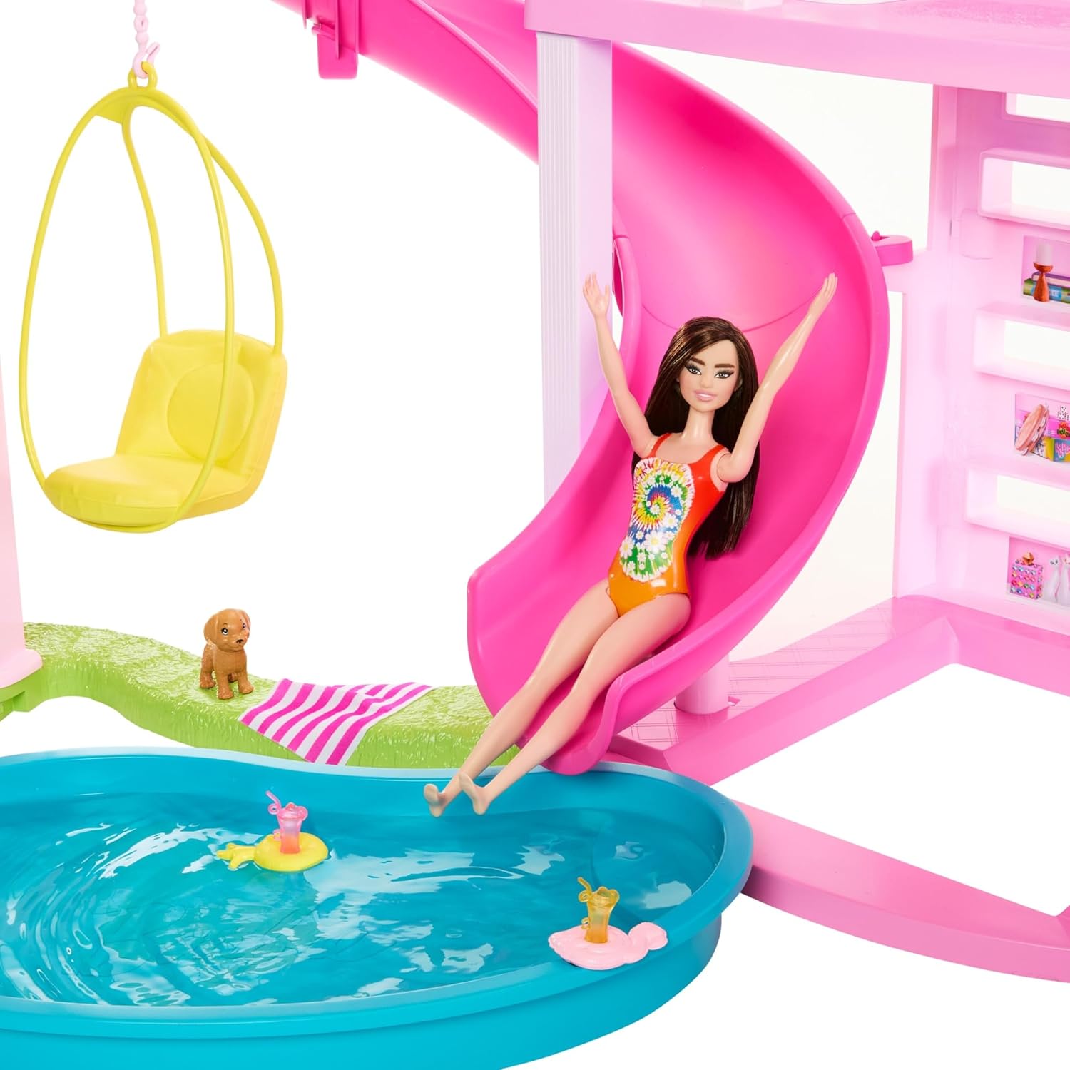 barbie dreamhouse gift - front view of pool party playset with slide and accessories