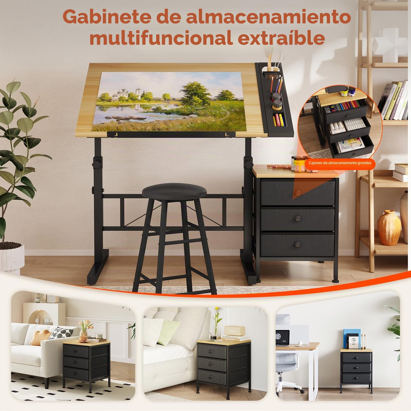 Dripex Mesa de Dibujo Profesional con Tablero Inclinable Altura Ajustable, Artista de Pintura Arquitecto Estudio Dibujo Escritorio para Computadora con Taburete y Taquillas, Color Madera