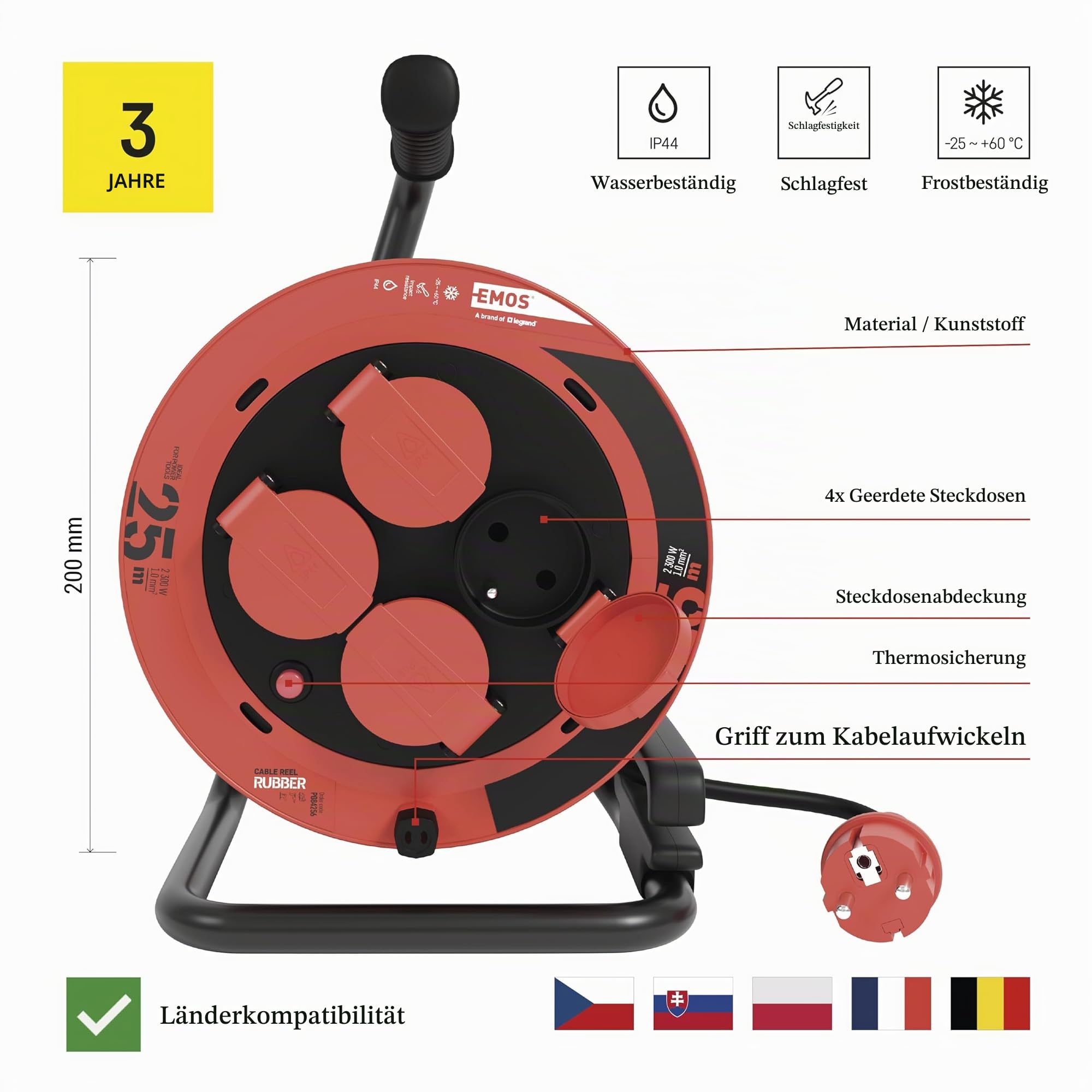 EMOS - Kabeltrommel 25m in FRENCH Standard - 1,0 mm2 - IP44 für Außenbereich