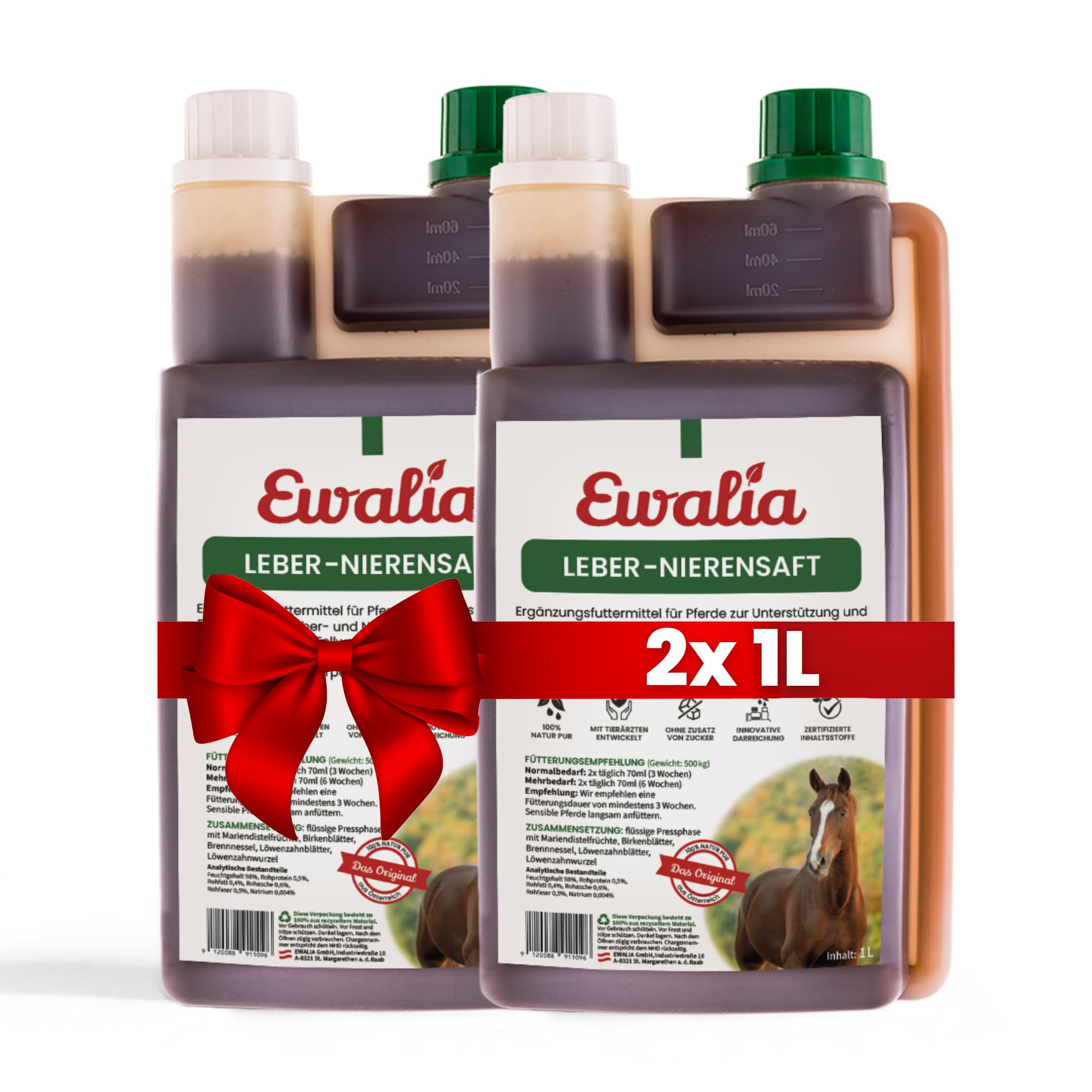 NEU! EWALIA Leber-Nierensaft - Vitalisierendes Ergänzungsfuttermittel für Pferde, Unterstützung für Leber und Nieren während des Fellwechsels, Natürliche Entgiftungshilfe, 100% Natur pur, 2x1 Liter