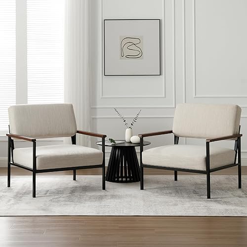 Miniatura 8 de Wahson Silla decorativa moderna de mediados de siglo, cómodo sillón tapizado de lino con metal negro y marco de madera, para sala de estar,