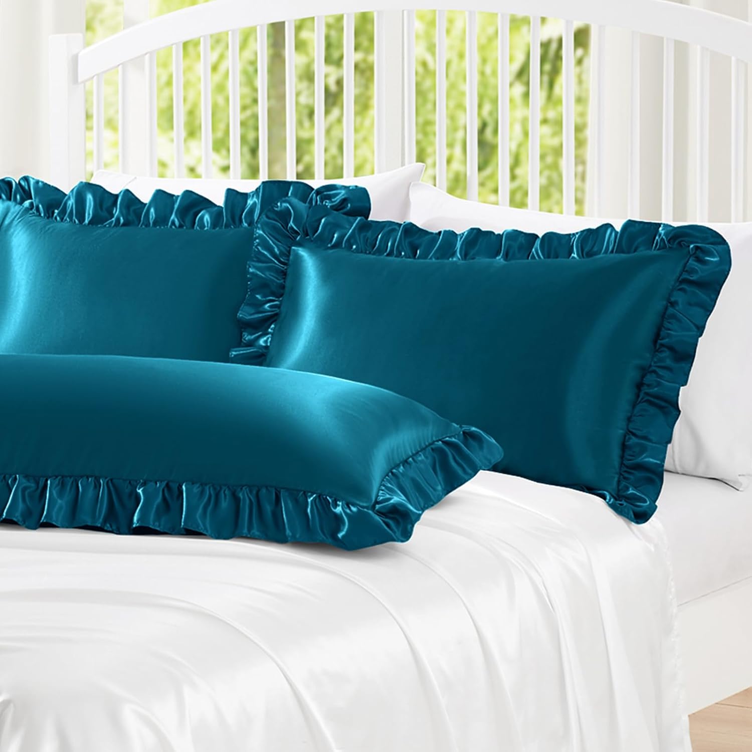 Homiest Ruffle Satin Body Pillow Cover, Silky Satin Body Pillowcase with Envelope Closure, Luxury & Ultra Soft Long Pillow Cases for Hair and Skin, Ruffled Long Pillow Shams (Dark Teal) - Image 2