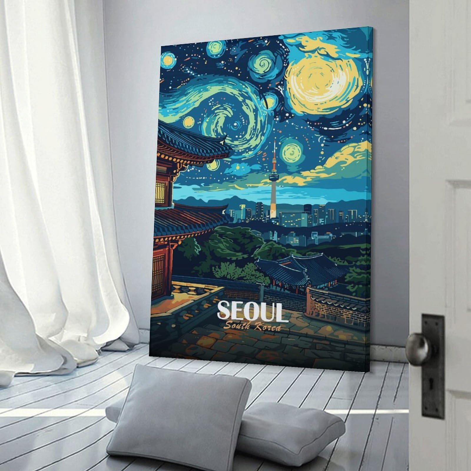 Junmoney Seoul, South Korea Nightscape Art Canvas Wall Art 20x30inch(50x75cm), for Study, Office Or Focused Interiors, Home Office Artwork with Decorative Appeal