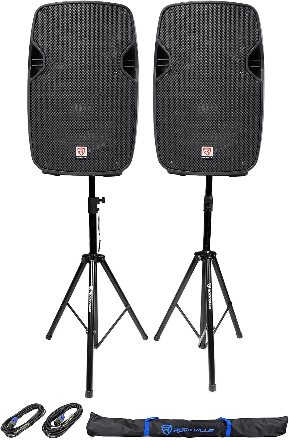 Rockville SPGN104 Bundle: (2) 10 in 1600-Watt Peak/ 200-Watt RMS Passive DJ PA Speakers, (2) Tripod Speaker/Lighting Stands, 2X 20 ft 1/4"-SpeakOn Cables, Bags, 4-Items
