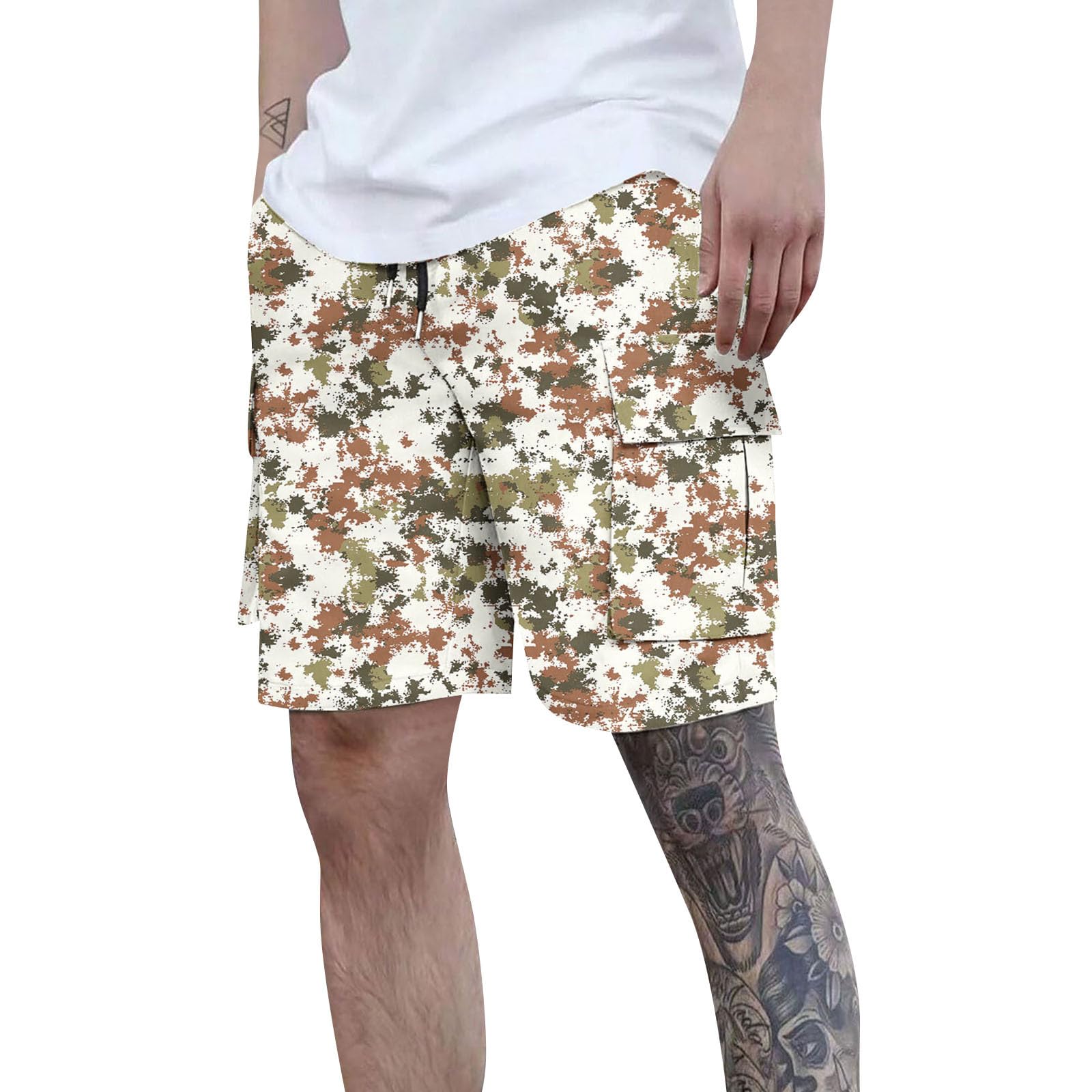 Camo Cargo Shorts for Men Lightweight Elastic Waist Work Shorts Camouflage Outdoor Camping Hiking Short with Pockets Big and Tall Tactical Short Construction Pants Camo Waterproof Tactical Pants