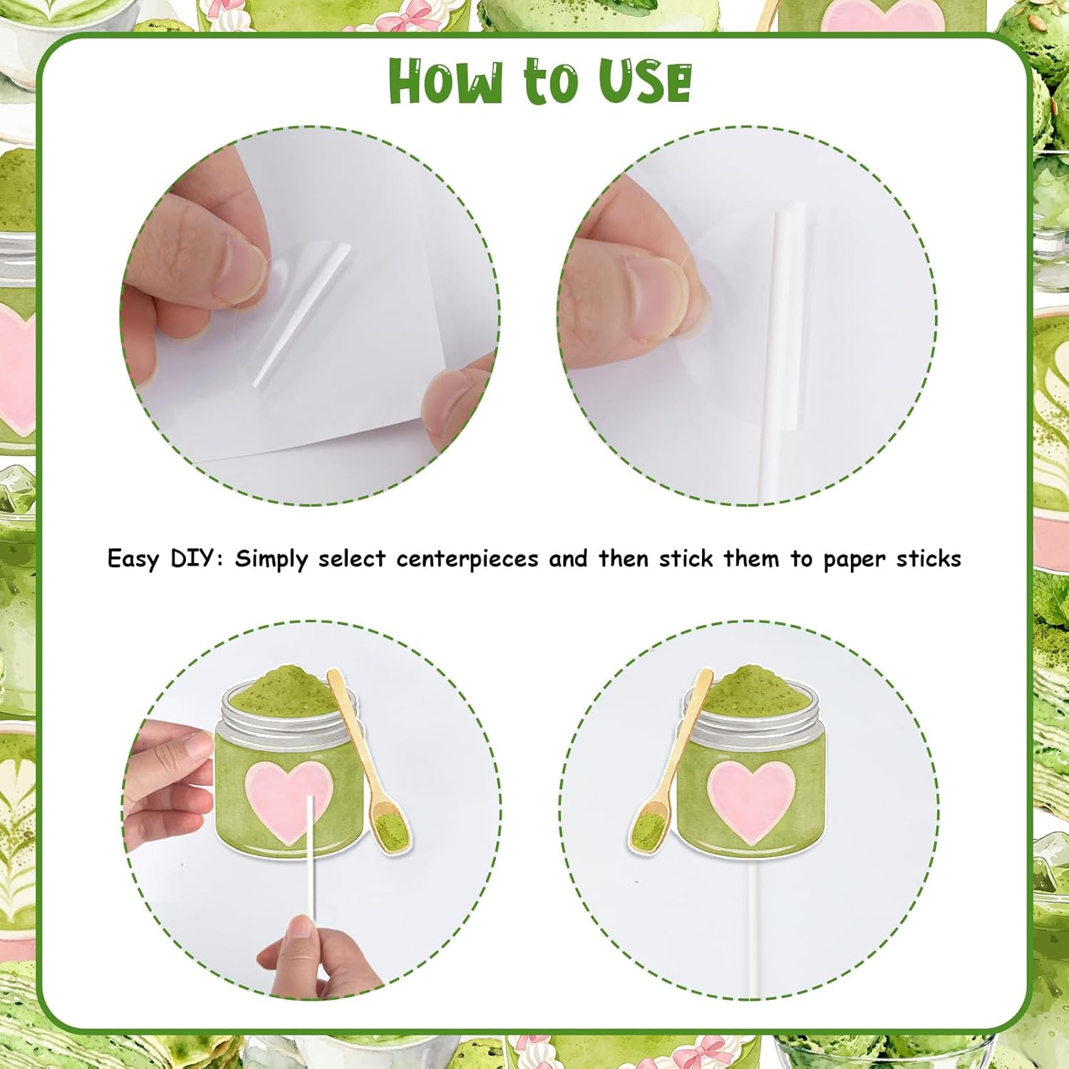 Cheereveal Matcha Party Table Centerpieces for Tea Birthday or Bridal Shower, 24pcs Double-Sided Green Tea Theme Table Decorations for Wedding, Baby Shower, Dessert Party Decor