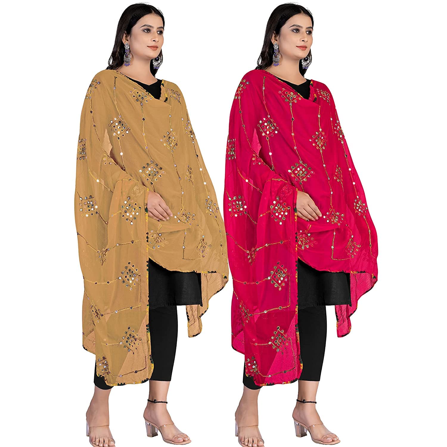 kemza Women's Embroidered Mirror Work Chiffon Dupatta Combo Pack of 2 || Rajasthani Banjara Dupatta with Kuchi Work For Festival, Wedding, Party-picture-17