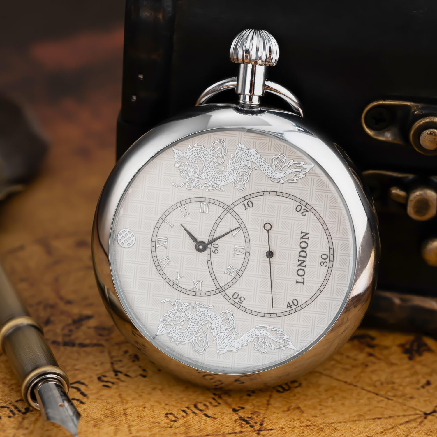 Orologio da taschino da uomo, con doppio drago, meccanismo in argento, cassa con catena