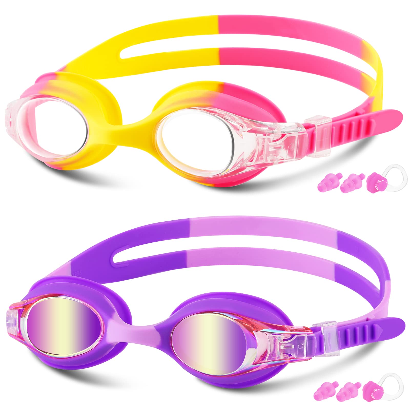 COOLOO Kids Goggles for Swimming to 6-14, 2 Pack Quick Adjustable Strap Swim Goggles for Children, Girls and Boys with No Leaking Anti-Fog Lens and UV Protection