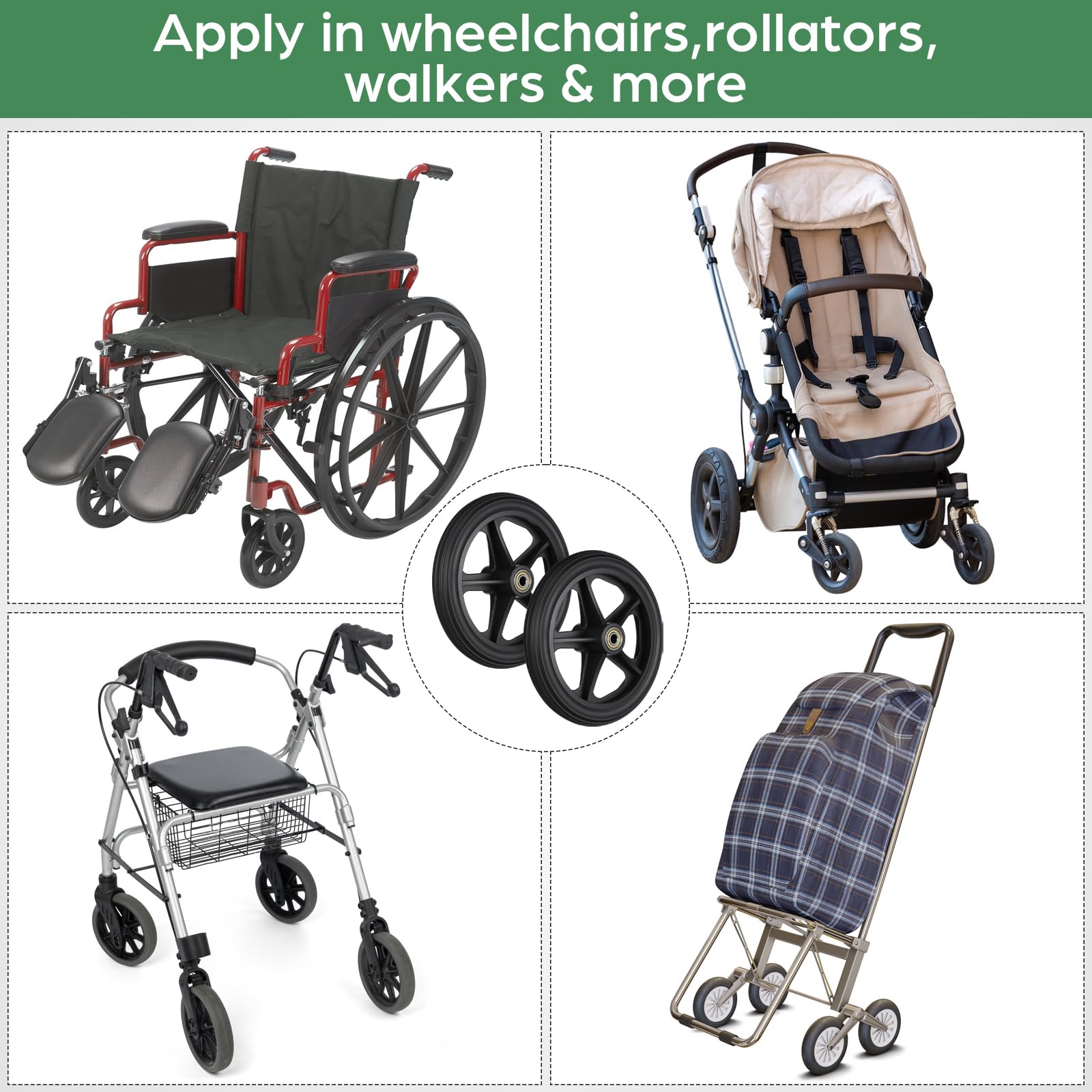 HEALLILY 2 Ruedas para Silla de Ruedas Delanteras Recambios Neumáticos de Goma Maciza 7 Pulgadas Antideslizante Repuesto Universal con Tornillos Rodamiento Componentes Negro