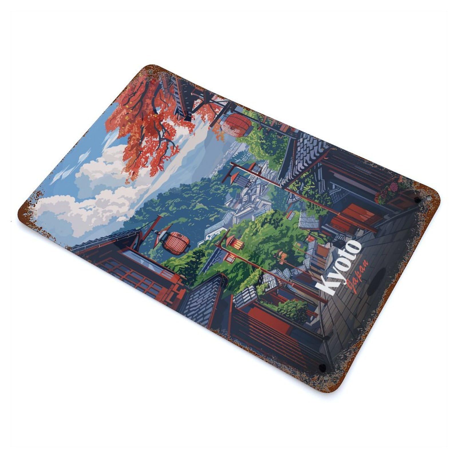 Garage Style Kyoto Japan Street View Illustration Rust Effect Tin Sign 11.8"x7.9", Farmhouse Wall Decor for Bar And Workshop
