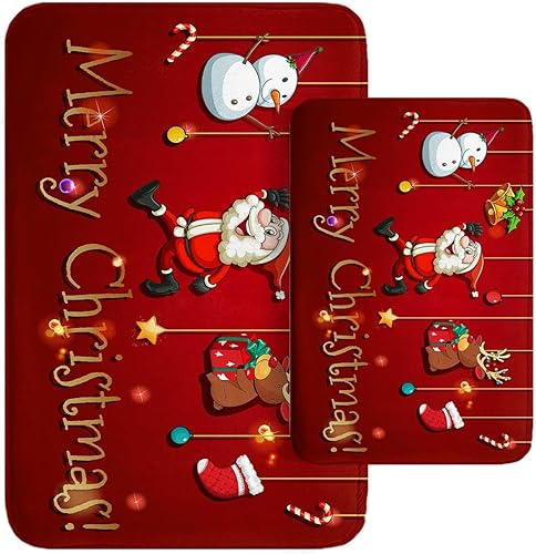 ArtSocket Juego de 2 alfombras de baño de Navidad, diseño de Papá Noel y muñeco de nieve, color rojo, decoración de baño, alfombras de 16 x 24 y 20
