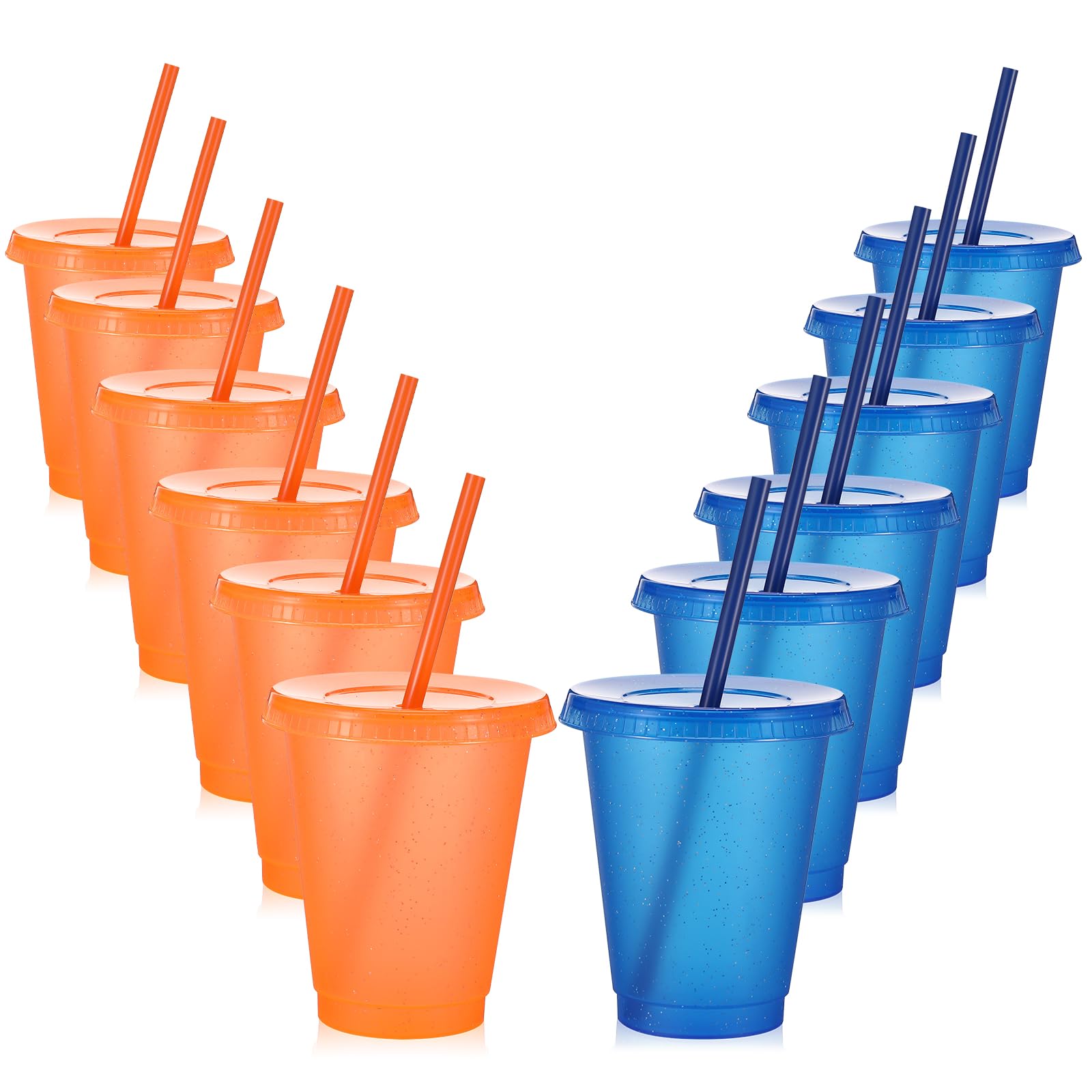 Rtteri 12 Pcs Blue Dog Party Cups with Straws and Lids 16 oz Blue Orange Glitter Kids Tumblers Plastic Birthday Party Favor Cups with Lids for Blue Orange Parties Birthdays