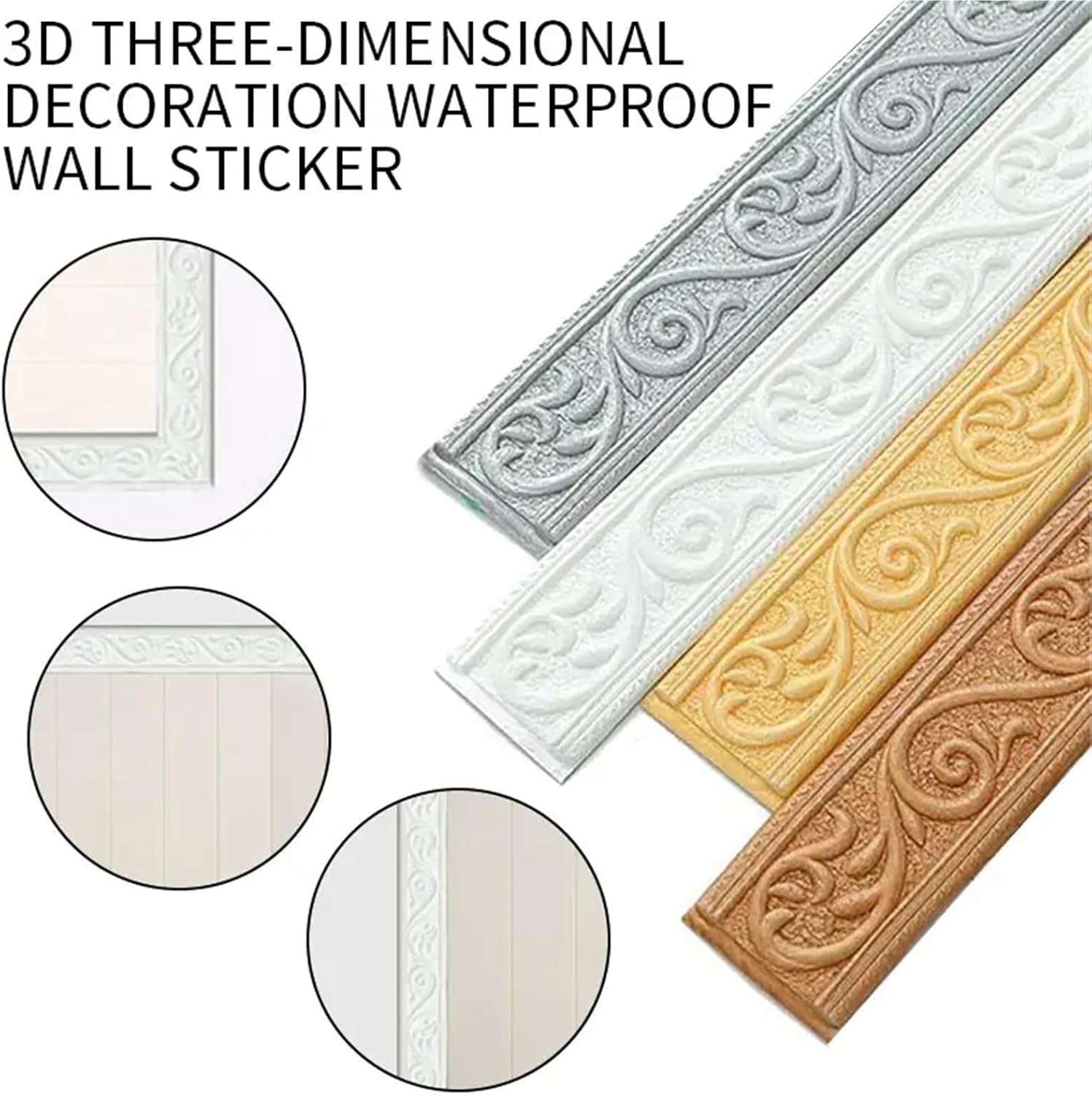 Self-Adhesive 3D Wallpaper Border， 2pcs Wall Border Multicolor for Bathroom DIY(Wit)