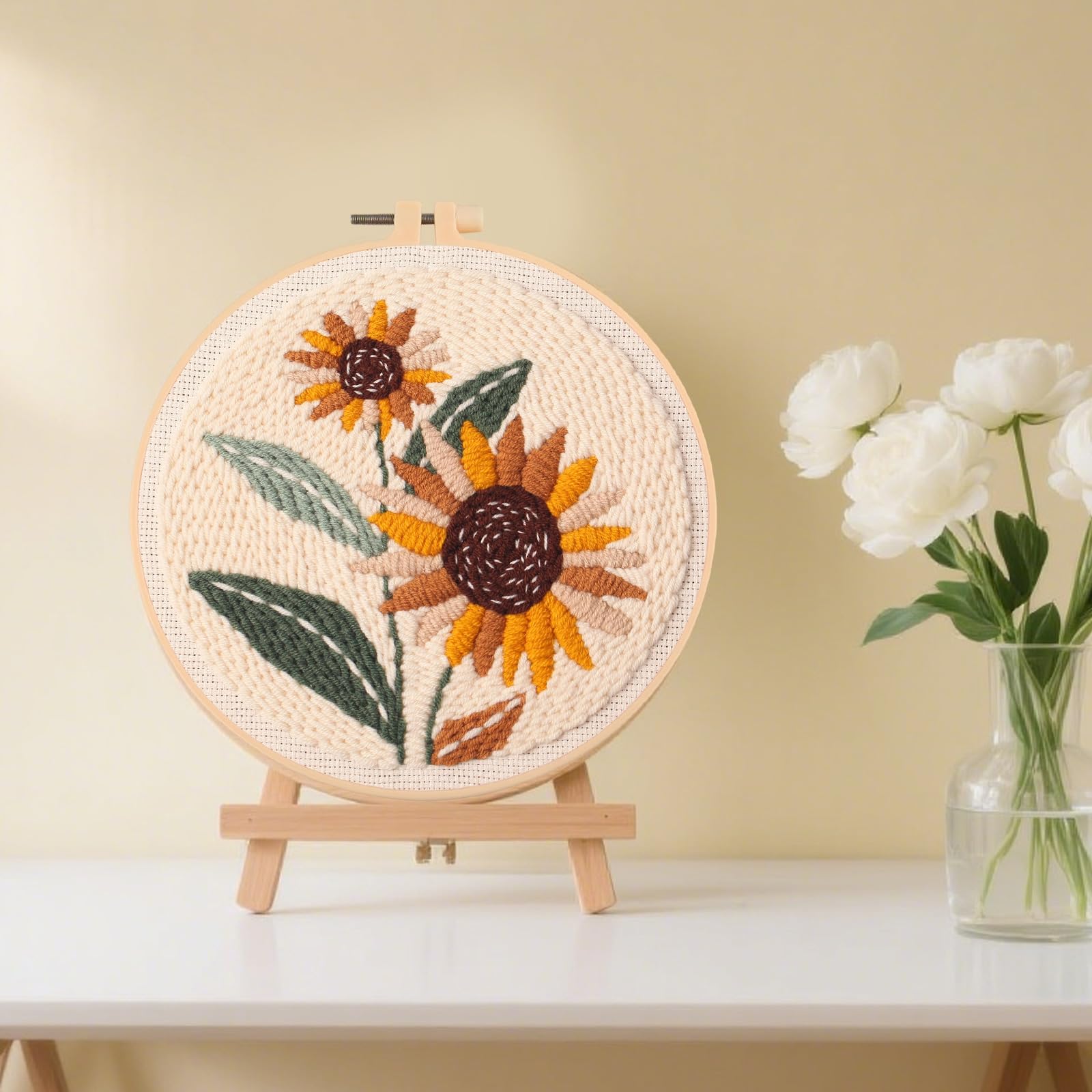 Penitue Kit Punch Needle, Modello Girasole e Tulipano Fai da Te Ricamo Floreale, Set Iniziale per Adulti Principianti Bambini con Tessuto Stampato Filati Aghi da Cucito Telaio Ricamo Infila-Fila