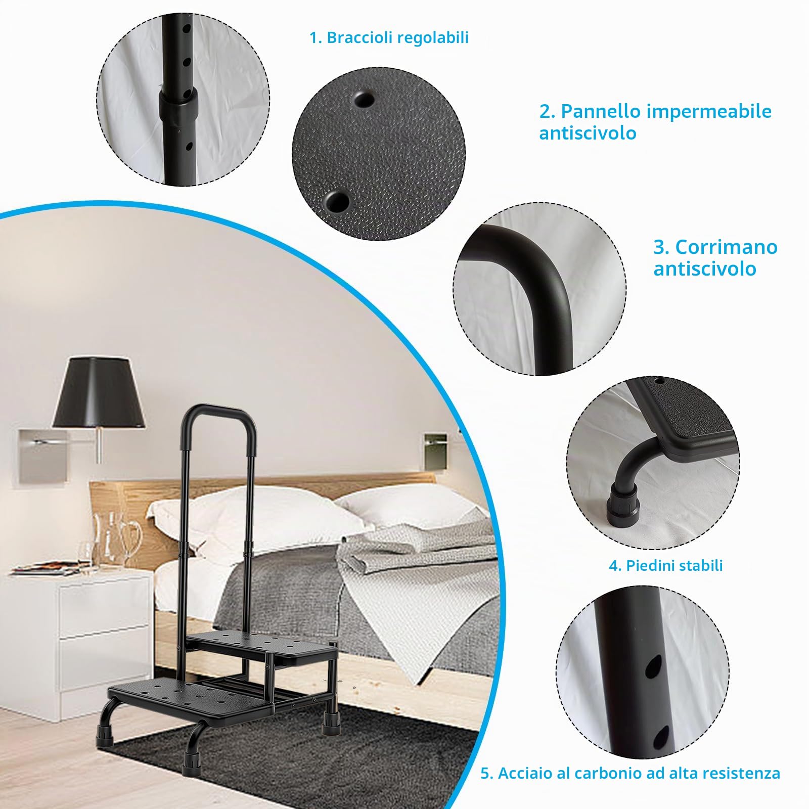 Sgabello con maniglia, doppio gradino fino a 160 kg, scala con pedana antiscivolo, per adulti, anziani e bambini in cucina, bagno e casa