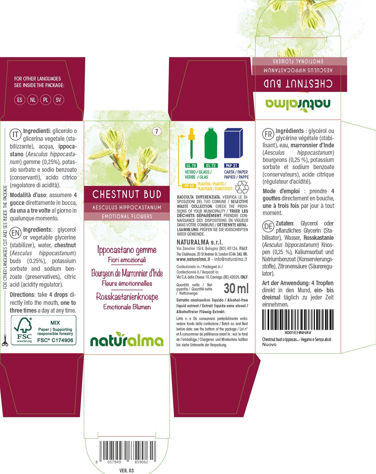 Chestnut bud o Castaño de Indias brotes (Aesculus hippocastanum) Flores emocionales o Flores de Bach Naturalma - Gotas 30 ml - Extracto líquido sin alcohol - Esencias florales - Vegano