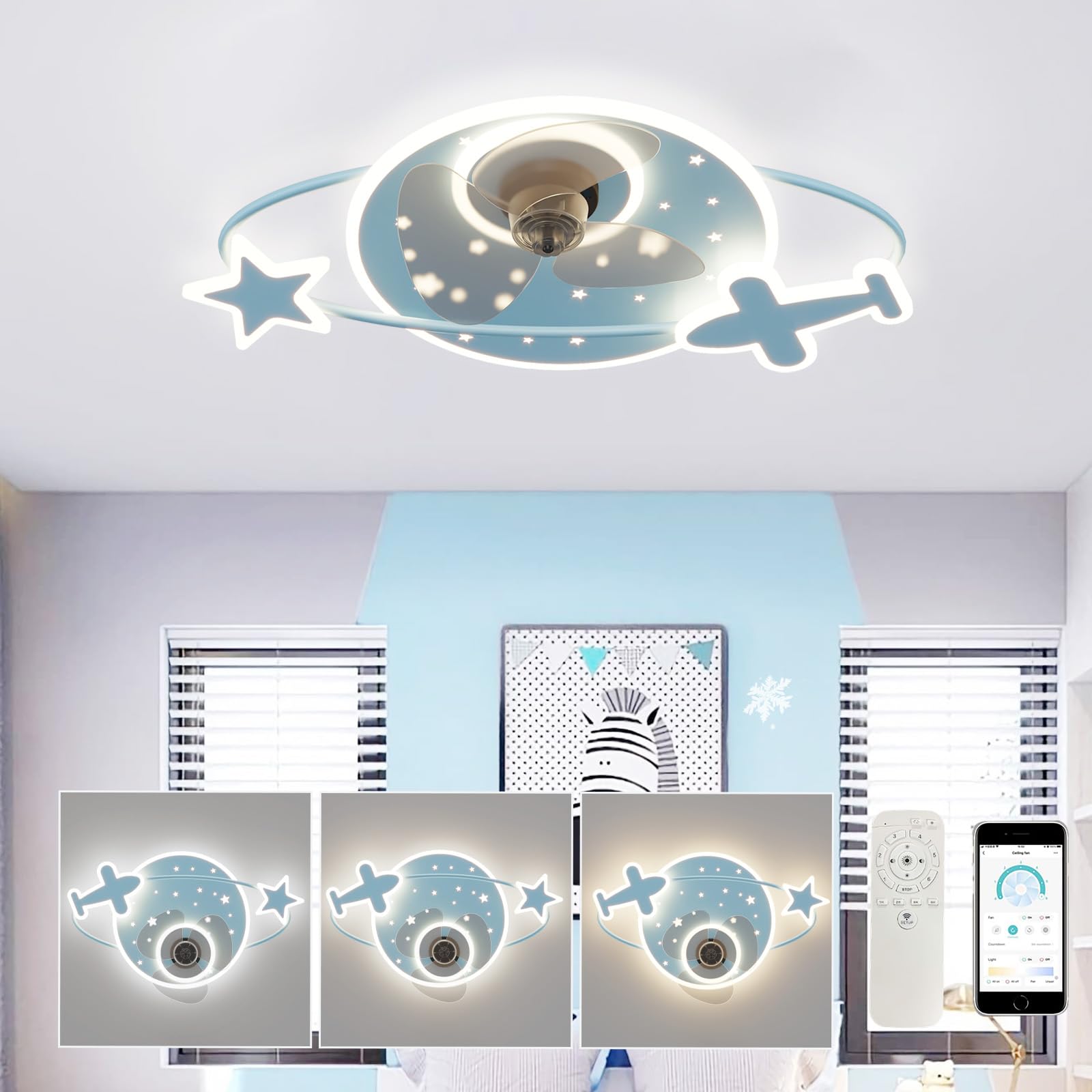 HELCEKOU Silent Ceiling Fans with Lights and Remote Control LED Fan Lamp Reversible 6 Speed Timer Dimmable Children's Chandeliers for Bedroom Blue