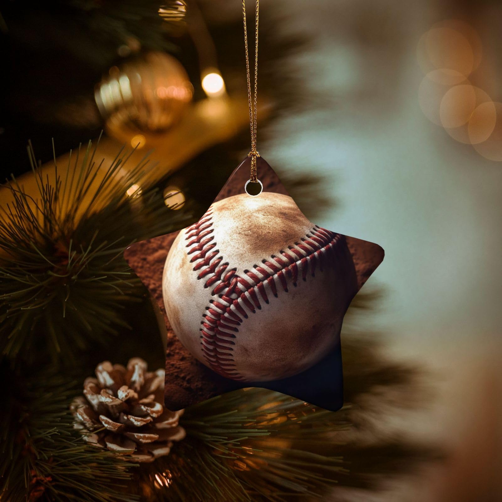 Christmas Ornaments for Christmas Tree Decoration Hanging Baseball Ornament with Gold Ribbon Crafts Star Shape Ceramic Pendant for Keepsake Gifts Xmas Decor Party Supplies