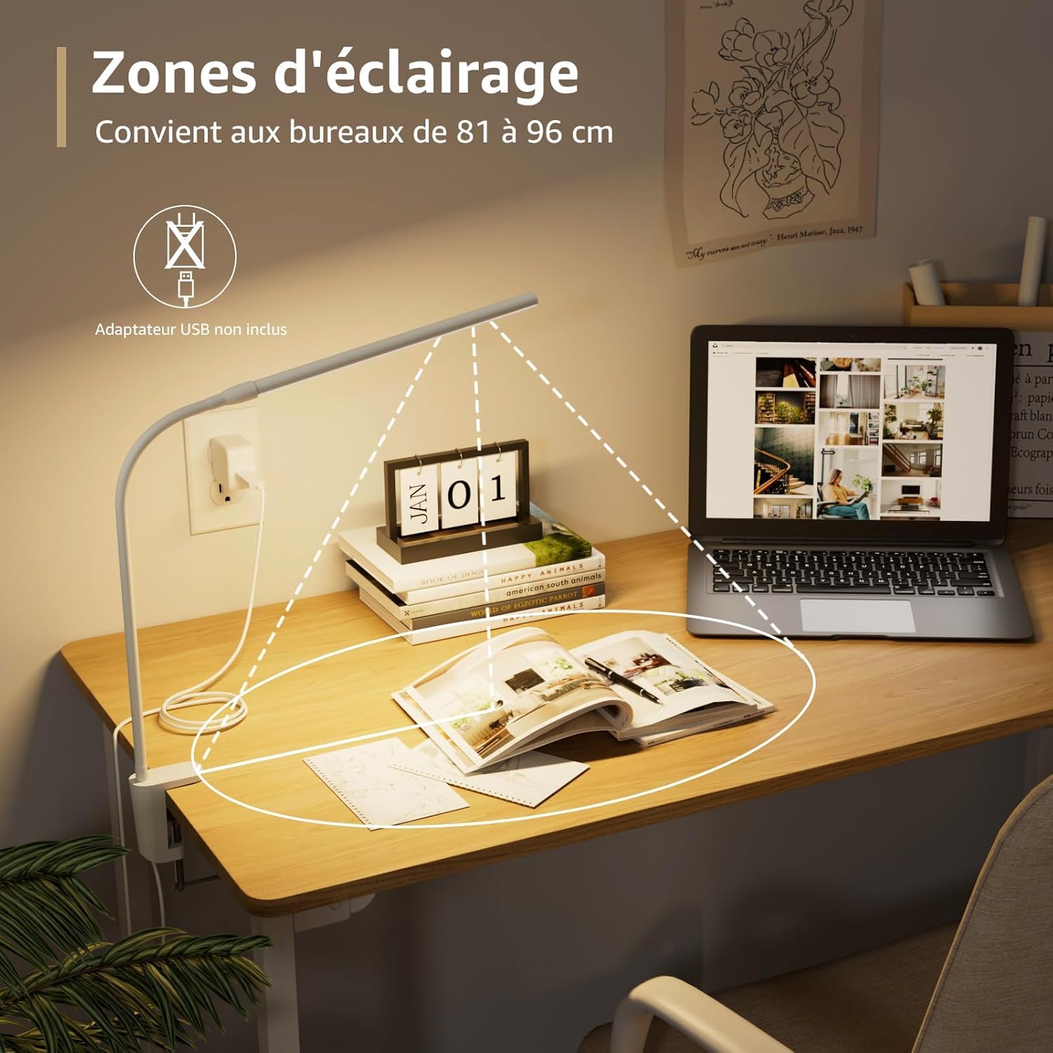 Lepro Lampe de Bureau 460 lm, Lampe Bureau USB 54 LEDs, 3 Modes Couleur x 10 Niveaux de Luminosité, Flexible 360°, Lampe Clipsable pour le Bureau, le Chevet, l'étude (Blanc)