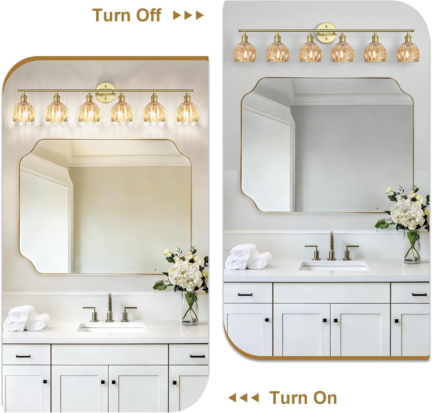 Vintage Bathroom Light Fixtures,6-Light Hardwired Vanity Lights with Amber Tulip Glass Shade,Gold Bathroom Vanity Light for Mirror Restroom,E26 Socket,40.55 in(Bulbs Not Included)