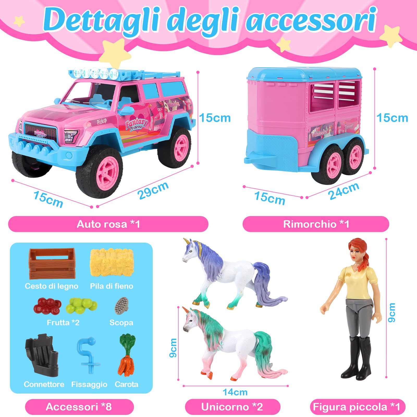 Charmofun Giocattolo Rimorchio per Cavalli, Trasportatore di Cavalli con Suoni e Luci (incl. Auto, Personaggio, 2 Unicorni, 8 Accessori), Giocattolo per Cavalli per Bambini dai 3 Anni in Su
