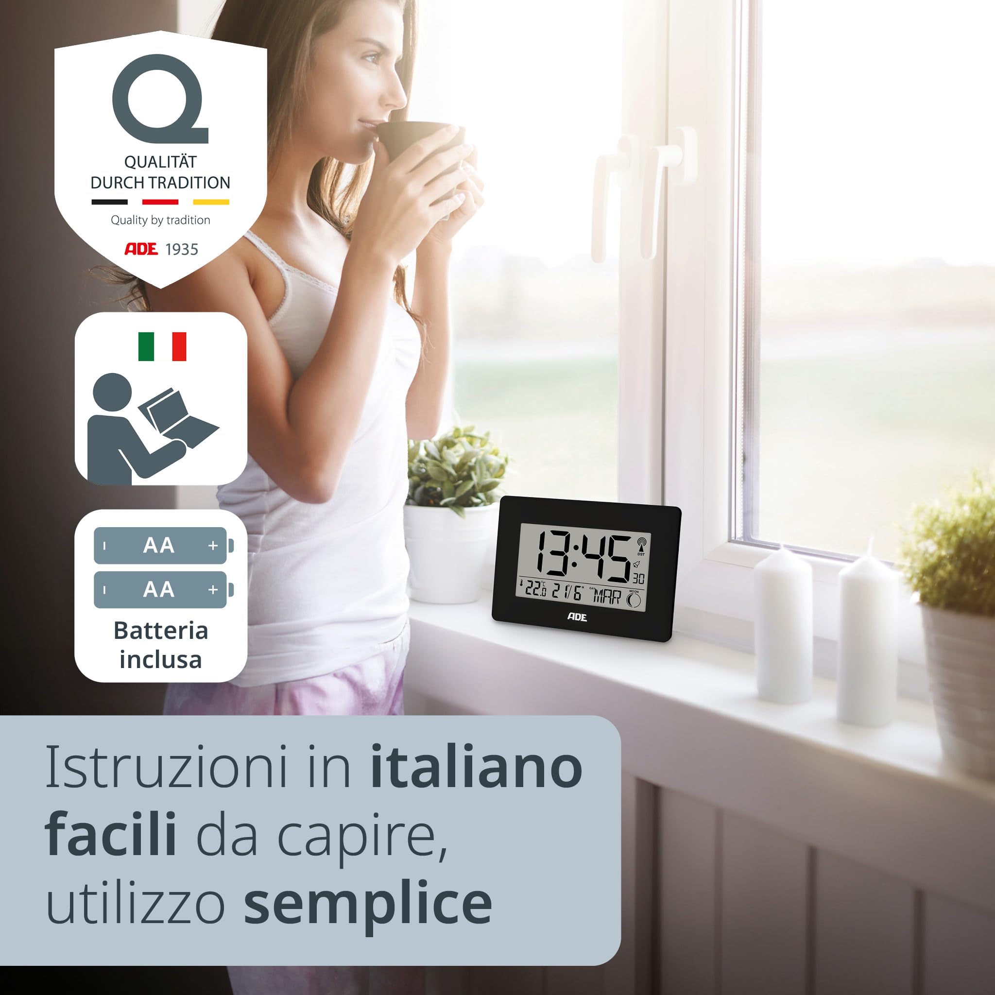 ADE Grande orologio digitale radiocontrollato con cifre XXL | orologio da tavolo e da parete con calendario | con termometro | sveglia radiocontrollata a batteria | nero
