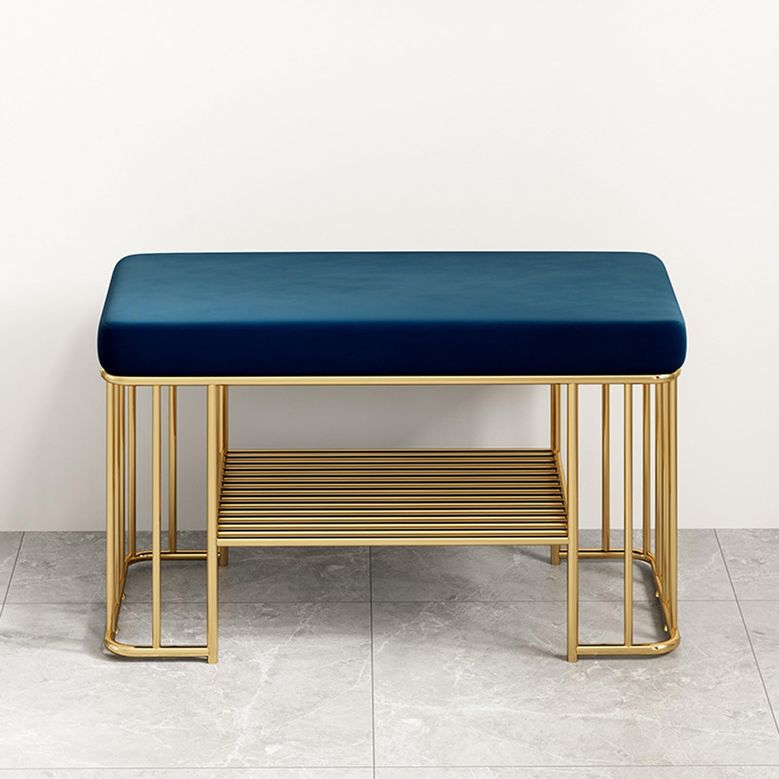 LWJSOCP Velvet Upholstered Shoe Storage Bench 2 Tier Entryway with Gold Frame Stylish Shoe Rack for Hallway & Entryway Modern Seating Solution
