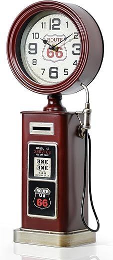 AYRELY® 16 Vintage Industrial Gas Pump Mantel Clock, Battery Operated Metal Clock Route 66 Decor,Retro Mechanical Decorative Clock Gifts for Home,Living Room,Fireplace, Man Cave Decor