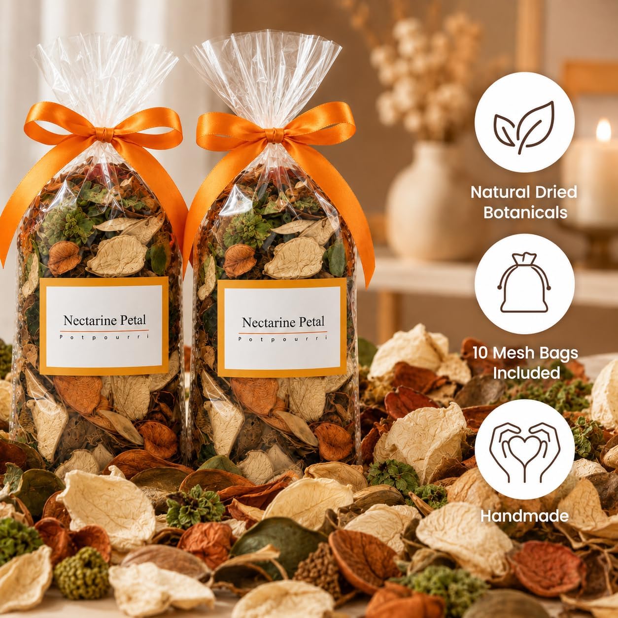 Peach Nectarine Potpourri Bowl Filler 10 Bags 5.56oz Spring Decor | Sweet Nectarine & Blackcurrant Scent with Orange Flowers, 10 Bags for Cars/Closets, Pet-safe, Great for Spring Home