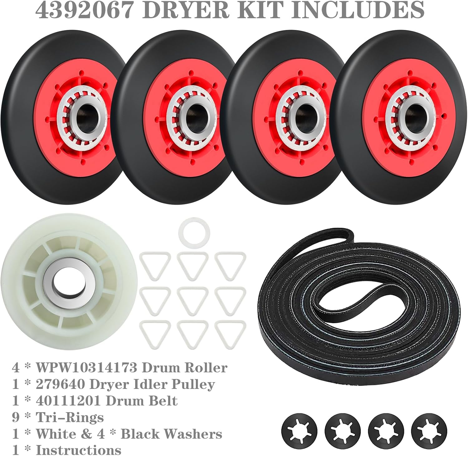 4392067 Dryer Repair Kit for Whirlpool, Maytag, Kenmore and More - Includes WPW10314173 Drum Roller, 661570V Dryer Belt and 279640 Idler Pulley - Baridwon Dryer Replacement Parts