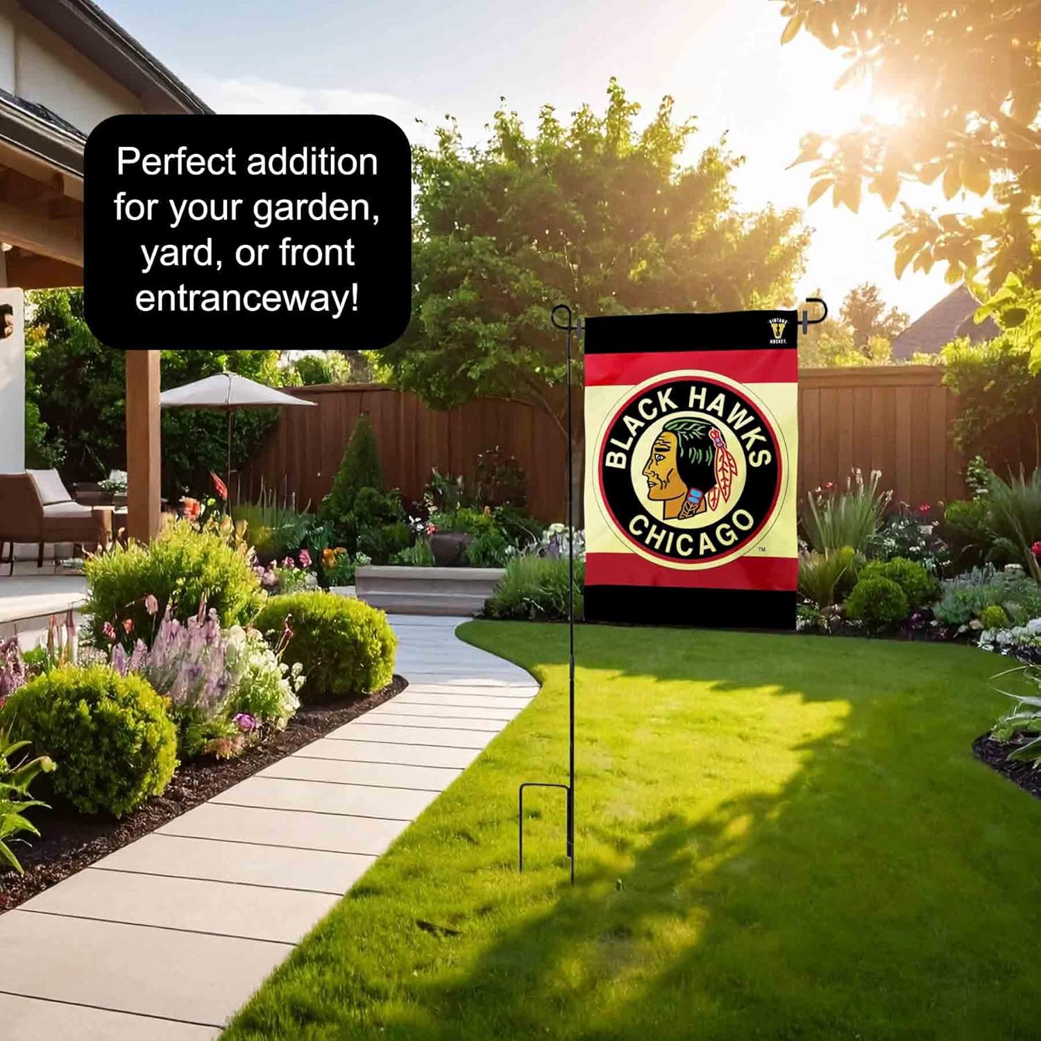 Chicago Blackhawks Vintage Retro Garden Flag with Pole Stand Holder - Image 4