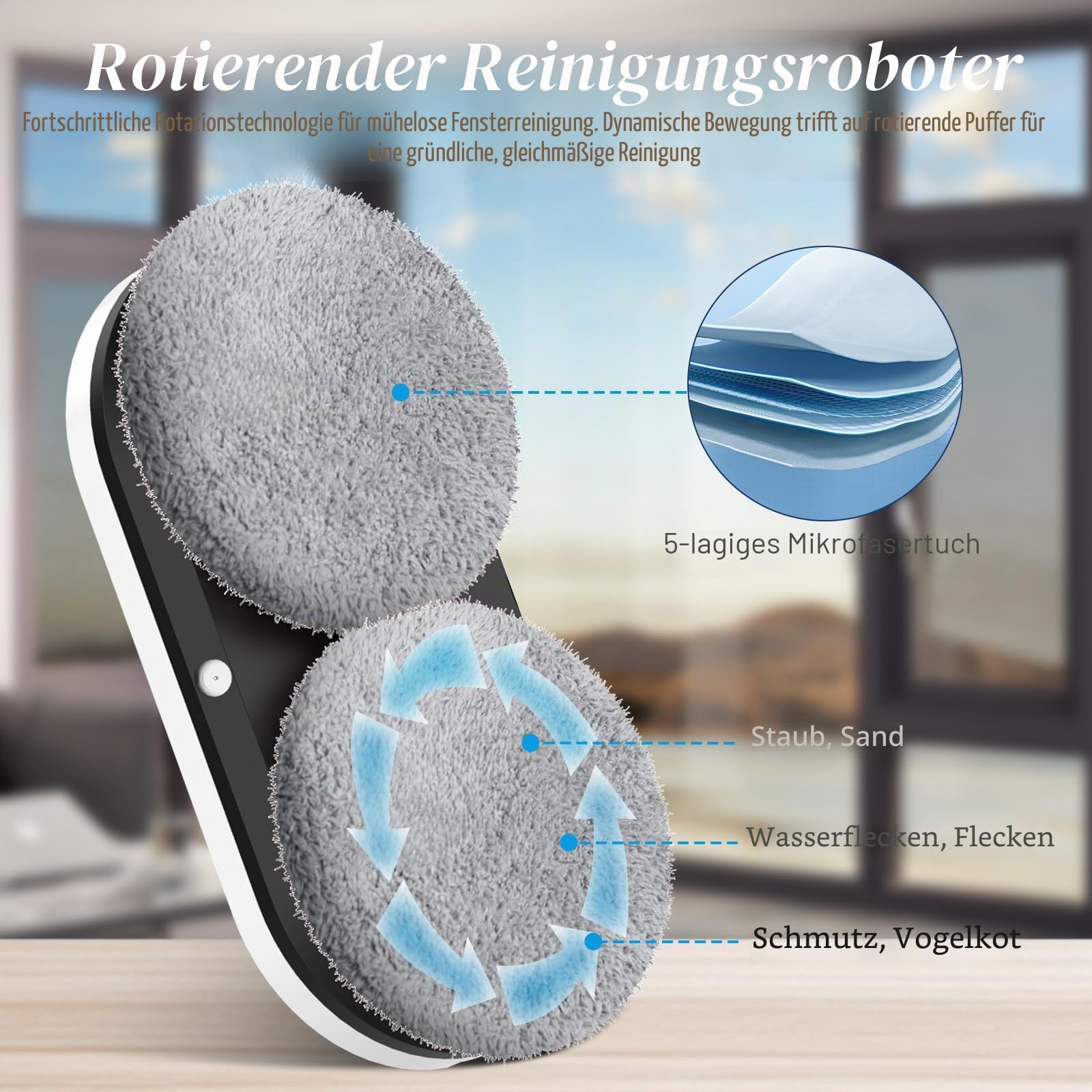 Fensterputzroboter, 5600 Pa Automatischer Fensterreinigungsroboter mit Doppelwasserstrahl, Intelligente Navigation, Kantenerkennung, 3 Reinigungsmodi, Fernbedienung und 8 Tüchern