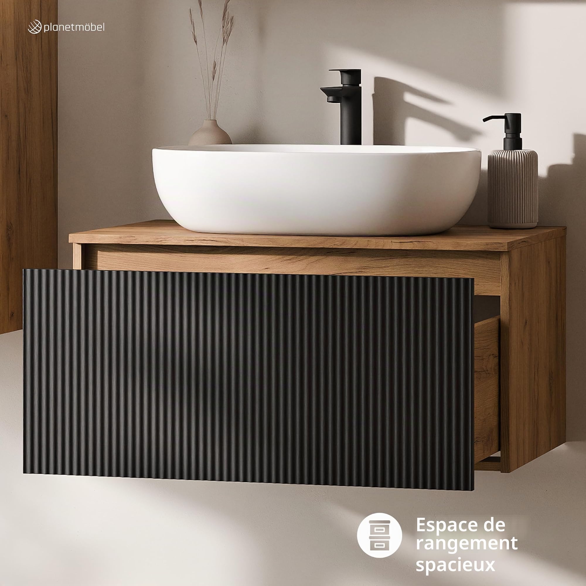 Planetmöbel Arisa Ensemble de meubles de salle de bain avec lavabo 80 cm chêne doré noir (strié), lavabo 60 cm blanc, avec siphon d'économie d'espace