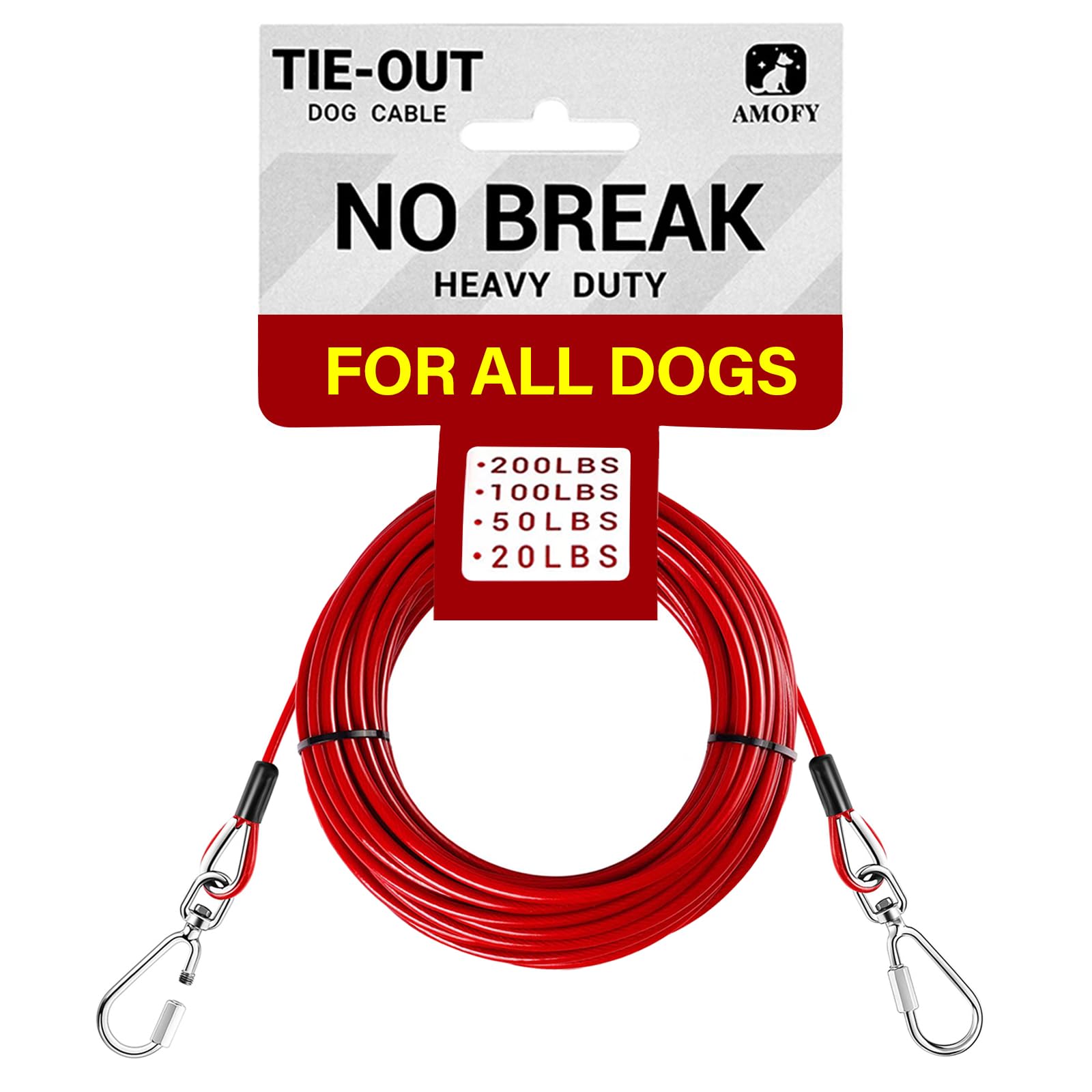 Tie Out Cable for All Dogs, No Rusting No Break Heavy Duty Dog Lead Cable, Long Steel Wire Run Leash Dog Tie Out Cable for Camping Outdoor Yard, Red, 30ft