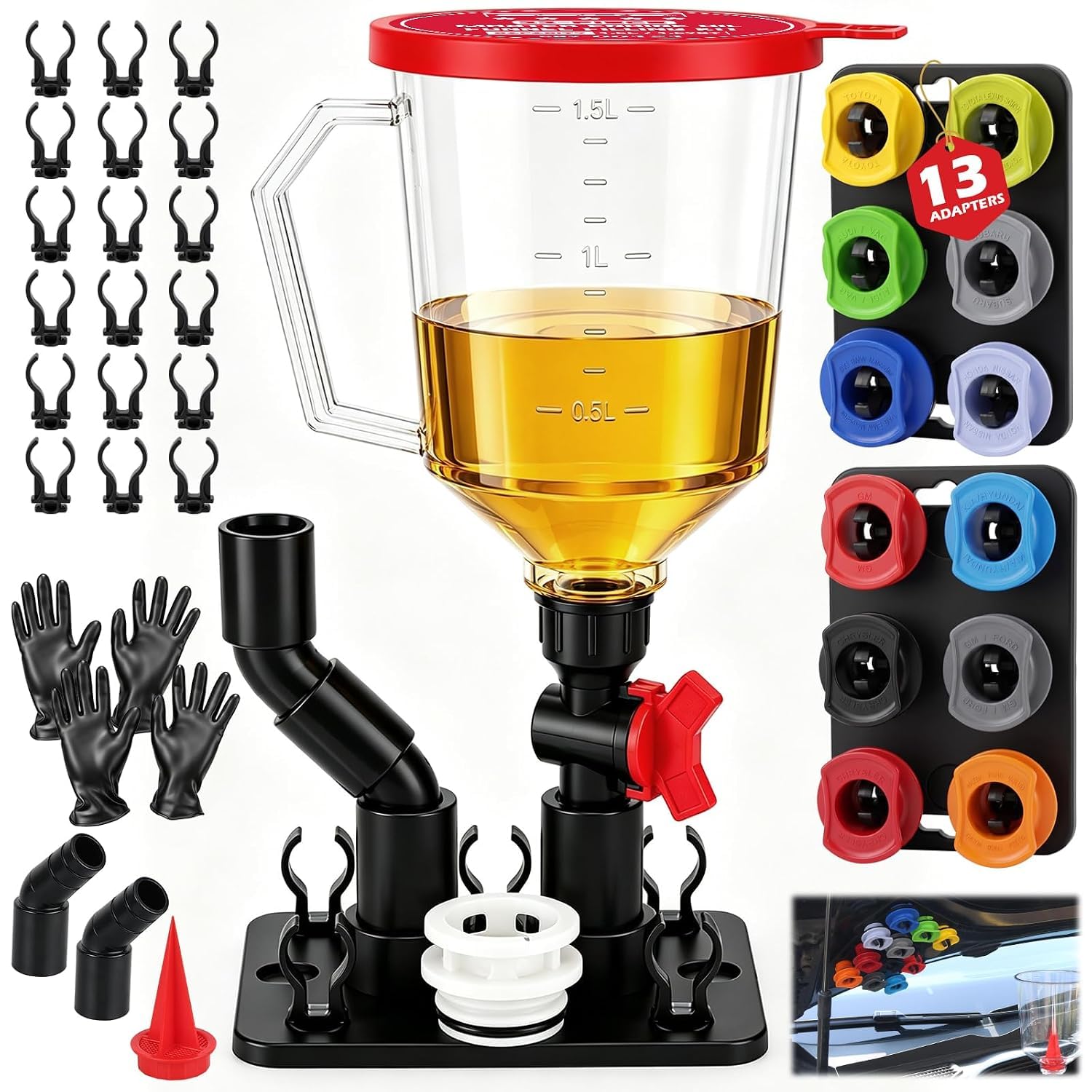 22-Piece Engine Oil Funnel Kit, Upgraded Magnetic Base, No-Spill Design | 13 Adapters, 2 Pairs Gloves, 1.59 QT Hands-Free Oil Filling with Shut-Off Valve, Elbow Fitting, Fits GM Ford BMW Audi Renault