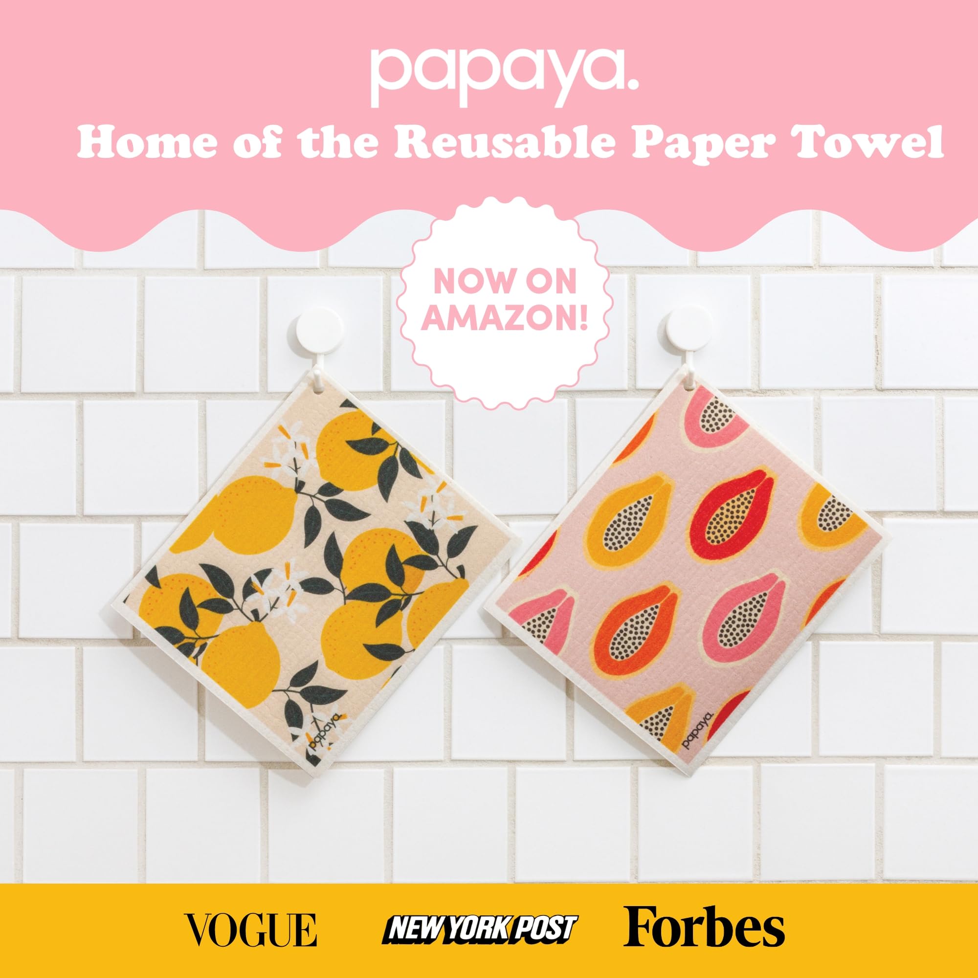 Papaya Reusable Paper Towels 4-Pack - 4 Sheets + 2 Hooks, Quick Drying, No Odor, 1 Sheet Replaces 17 Rolls, Washable Kitchen Cloth, Sustainable Dish Sponge, Eco Friendly Gift (Fruit Salad)