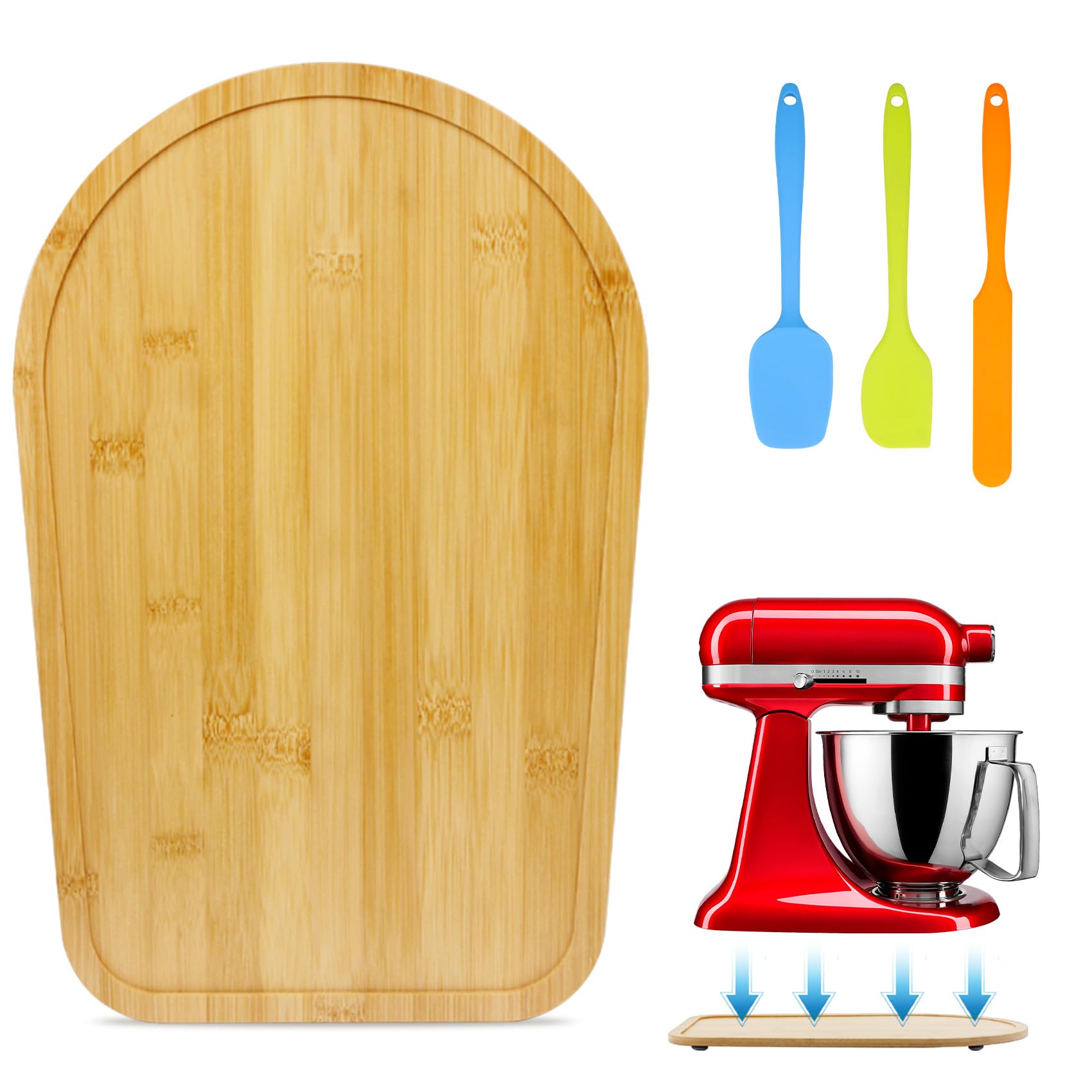 Sliding Mat for Kitchen aid 4.5-5 Qt Stand Mixer with with 3 Silicone Spatula Pastry, Bamboo Mover Sliding Tray for Appliance Slider for Tilt Head Kitchen aid Stand Mixer