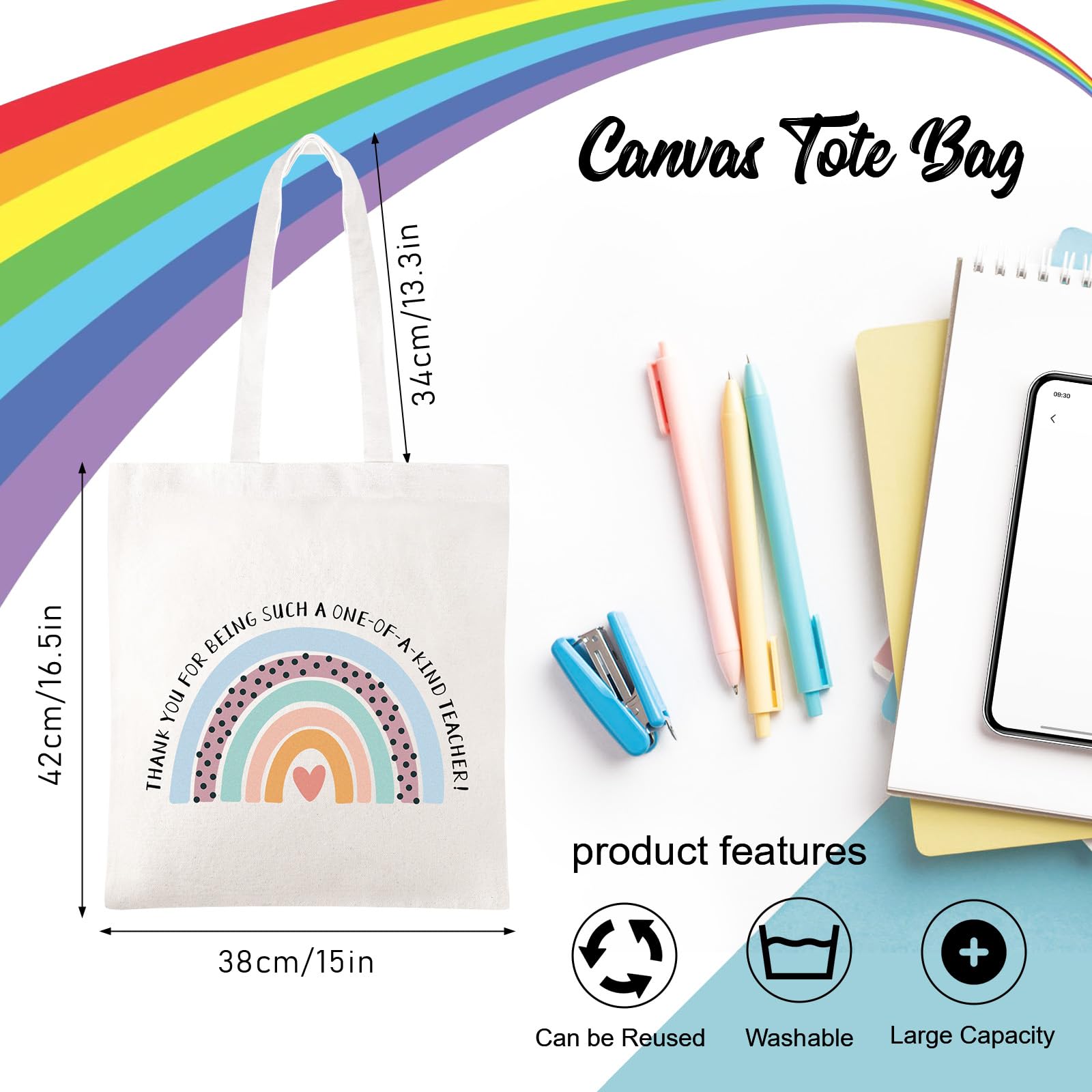 TYL&TYS 3pcs Teacher Appreciation Gifts Teacher Bags for Women, Teacher Gifts Teacher Tote Bag Canvas Bags, Rainbow Graduation Thanksgiving School Supply Birthday Gift