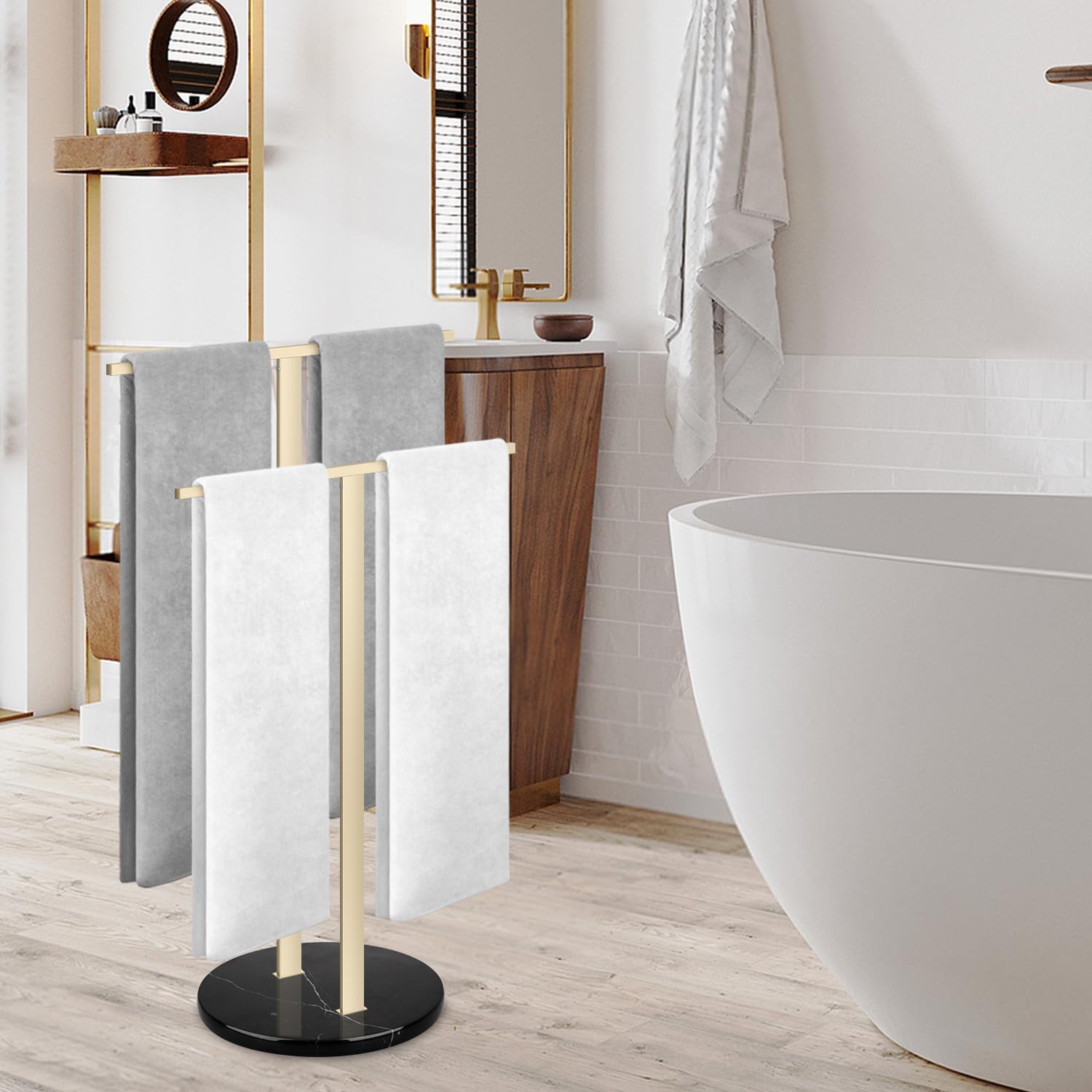 Porte Serviette Salle de Bain Support Serviette sur Pied 2 Barres avec Base Blanche Marbre Porte-Serviettes pour Plancher Sol Acier Inoxydable SUS304 en Forme de T (Or, Socle en Marbre Noir)