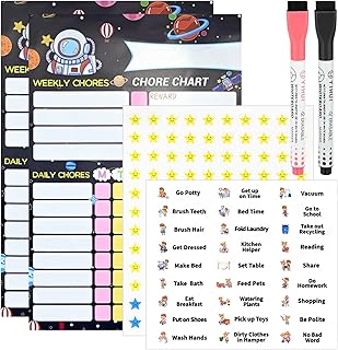 2Pcs Magnetic Reward Chart for Children, Astronaut Reward Charts for Children Behaviour with 2pcs Erasable Markers Pen and 120pcs Star Reward Sticker 42pcs Behavior Stickers
