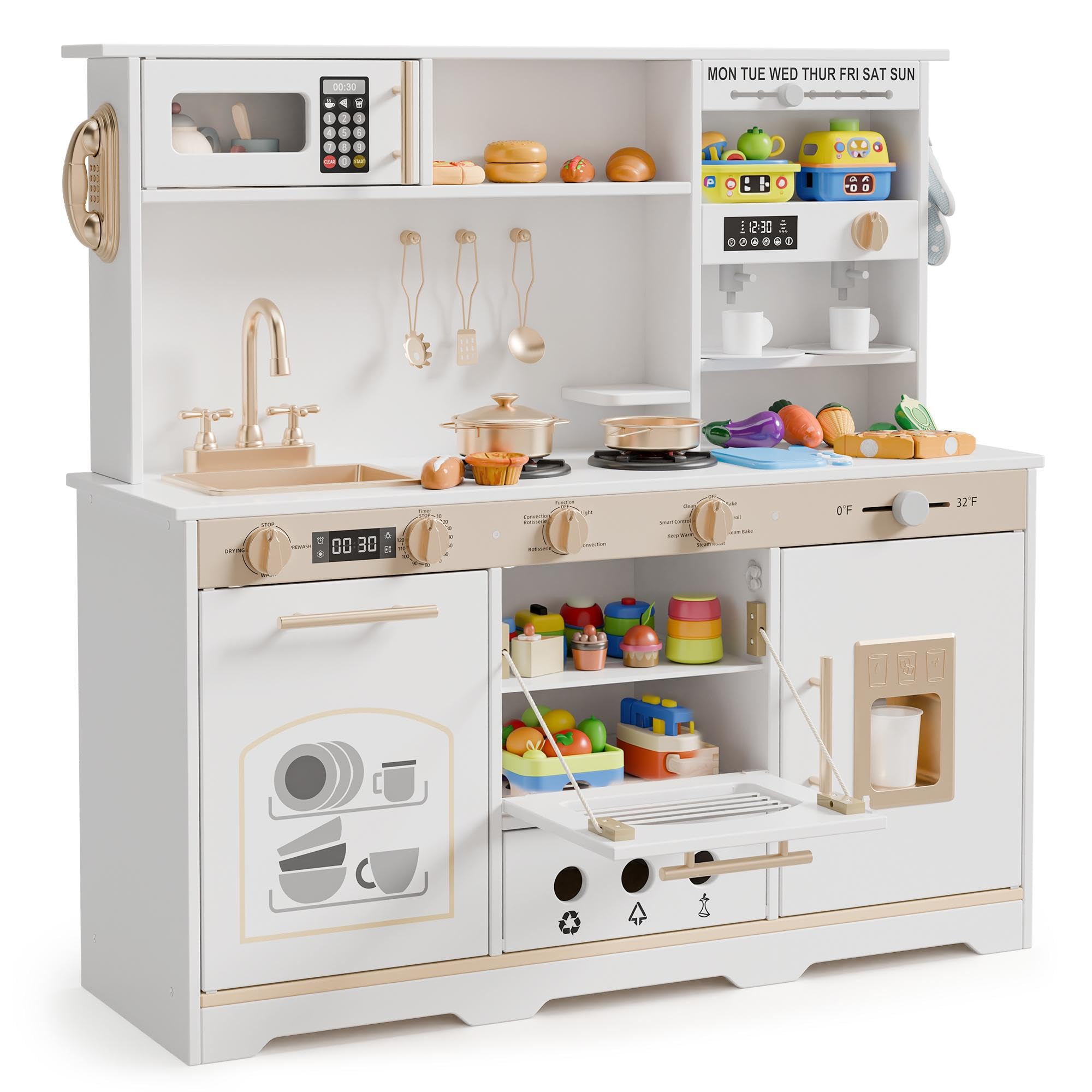 Xilingol Kids Play Kitchen, Wooden Pretend Toy Kitchen with Realistic Lights & Sounds, Stoves, Sink, Faucet, Oven, Ice Machine, Microwave, Coffee Maker, Children Chef Role Playset for 3+ ,White