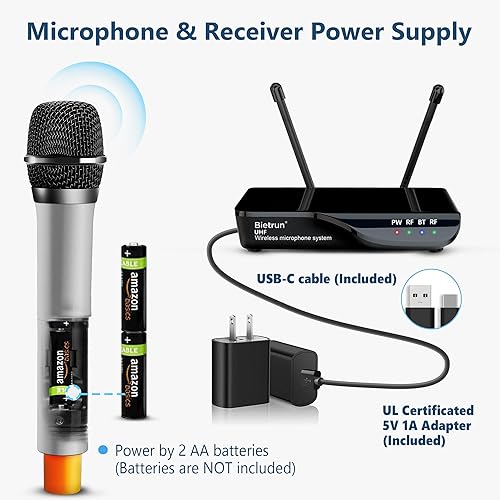 Miniatura 6 de Micrófono inalámbrico para DJ, escenario, Bietrun UHF profesional 165 pies, sistema de micrófono inalámbrico de mano dinámico inalámbrico con 2