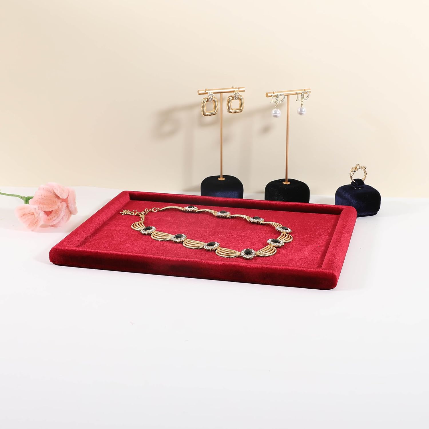Rectangle Jewelry storage organizer plate, Velvet Jewerly display tray, Empty showcase tray for Necklace Bracelet Ring Earring【Red-Medium, 11.8 x 8.7 in 】