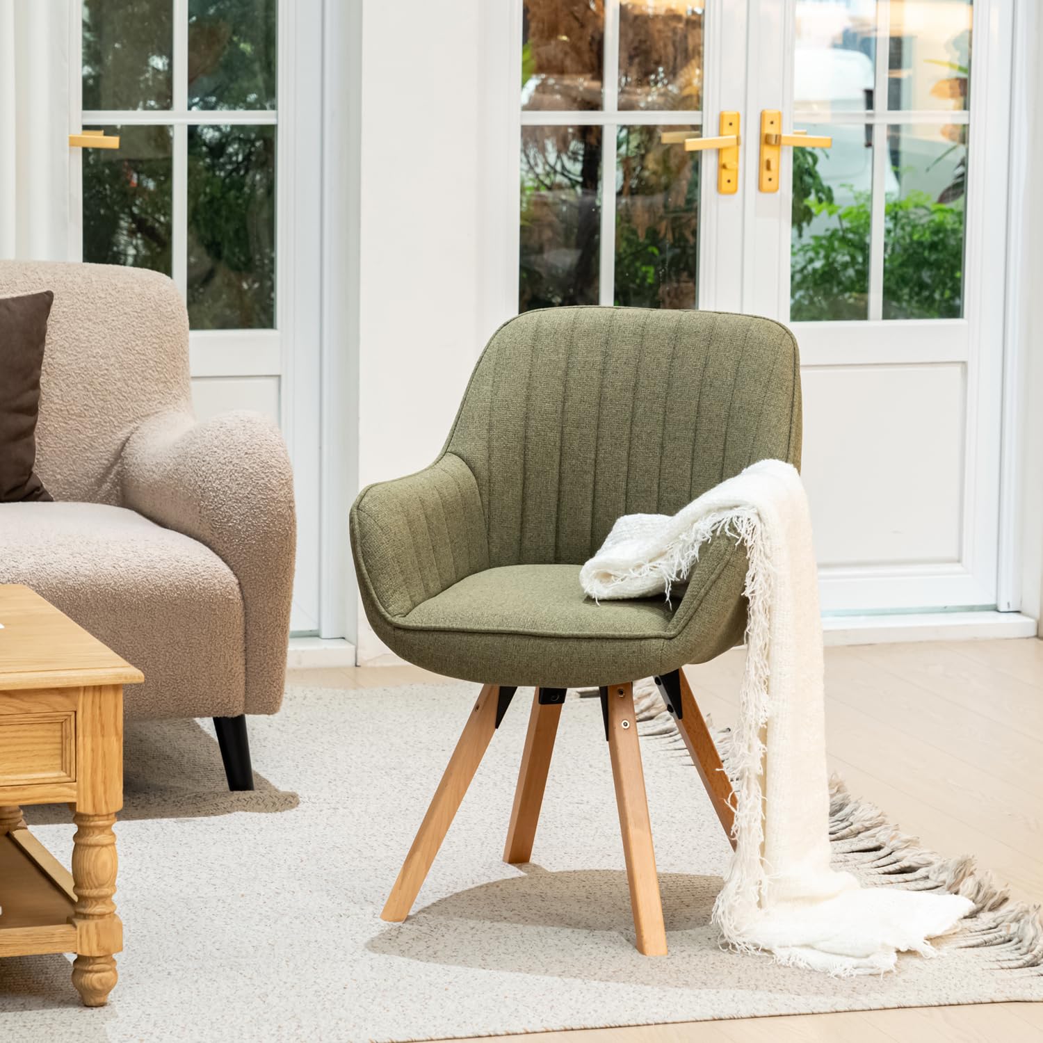 MEUBLE Cosy Esszimmerstühle Drehbar 1 Stück Küchenstuhl Polsterstuhl Drehstuhl mit Armlehne Sessel Schminkstuhl aus Stoff Massivholzbeine für Esszimmer Wohnzimmer Arbeitszimmer, Grün