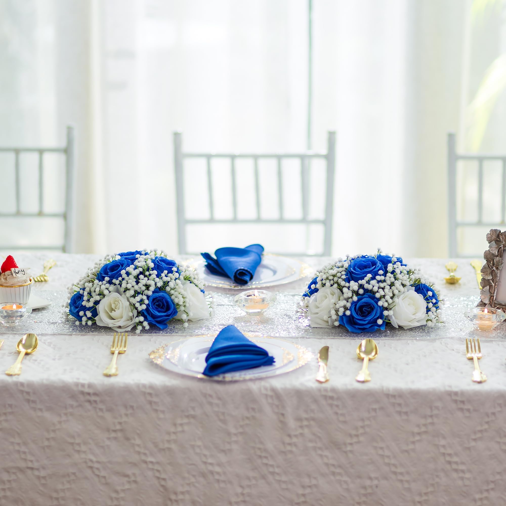 BLOSMON Rose Boule Fleur Artificielle Table 2 Pièces Bleu Roses Fleurs Gypsophiles Bouquet Artificielles pour Decoration Mariage Chemin de Table Fausse Flowers pour Deco Maison Salon Anniversaire